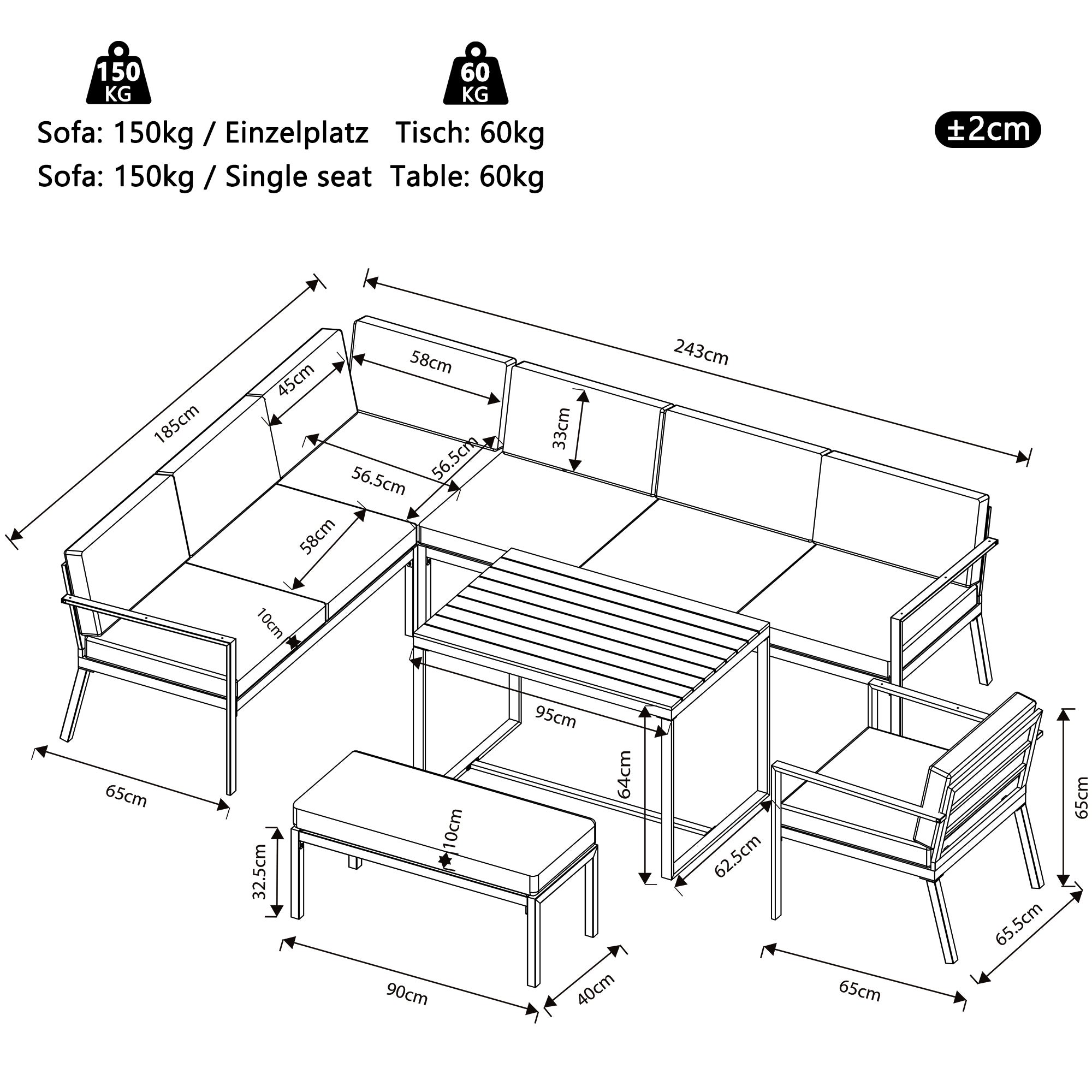 Salon de Jardin Exterieur pour 8 personnes,avec table en bois,Canapé d'angle extérieur en forme de L avec coussins,Ensemble de jardin en fer,Gris - 6