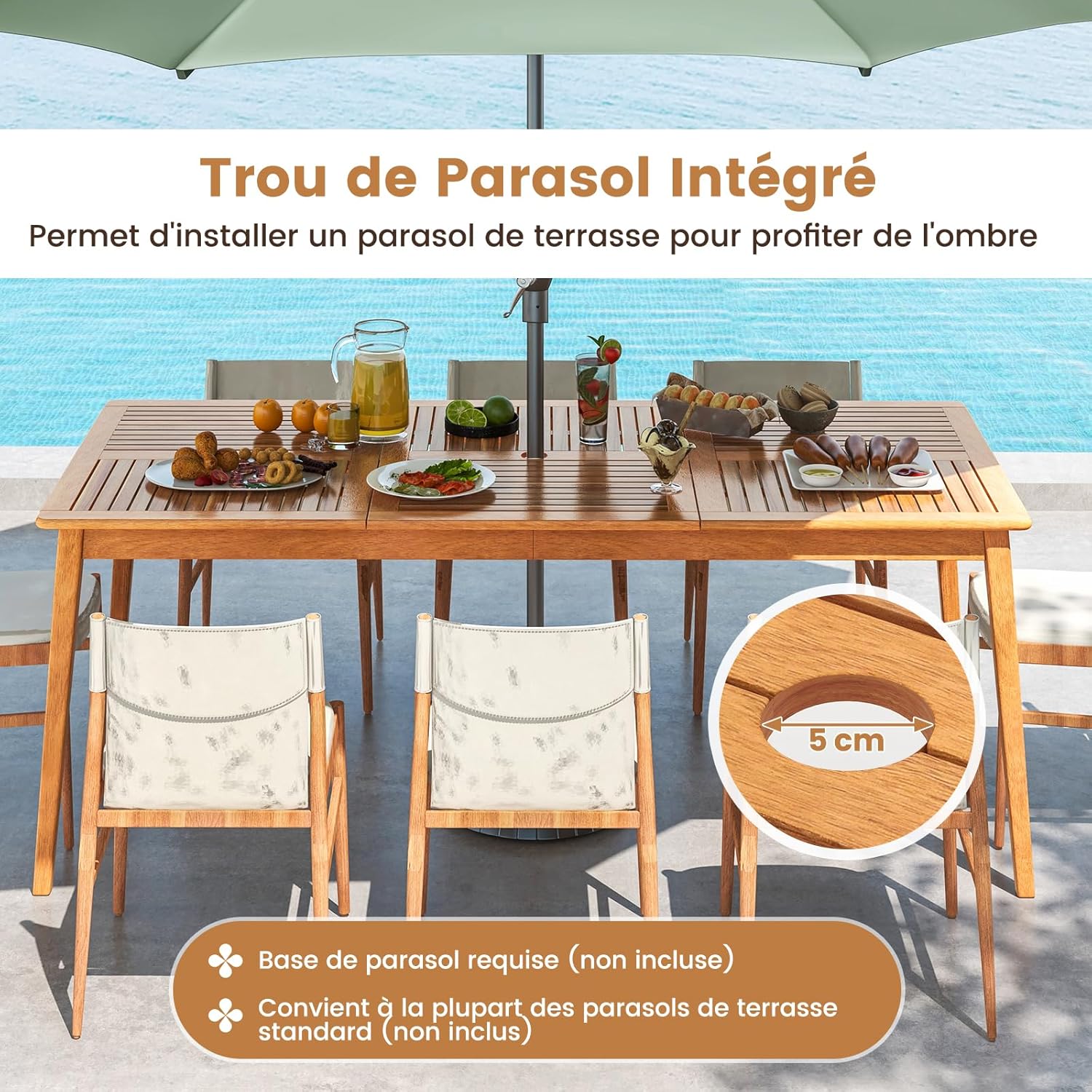 Table de Salle à Manger Extérieur en Bois d'Acacia-FSC 90x200CM pour 8 Personnes,Table Salon de Jardin avec Trou Parasol Intégré, Charge 160KG - 7