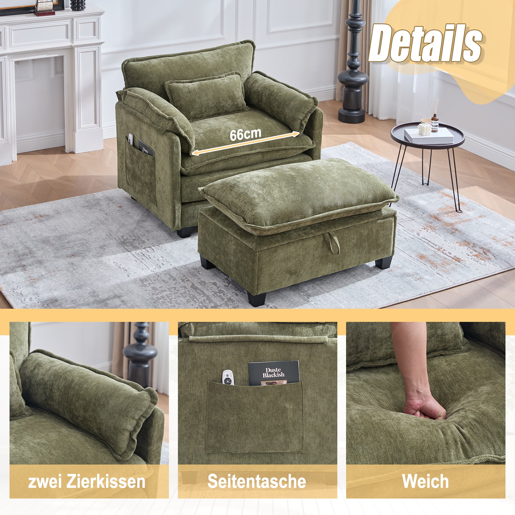 Fauteuil Relax , 3 Places Avec Coussins Et Accoudoirs À Poches Revêtement Chenille Vert - 6