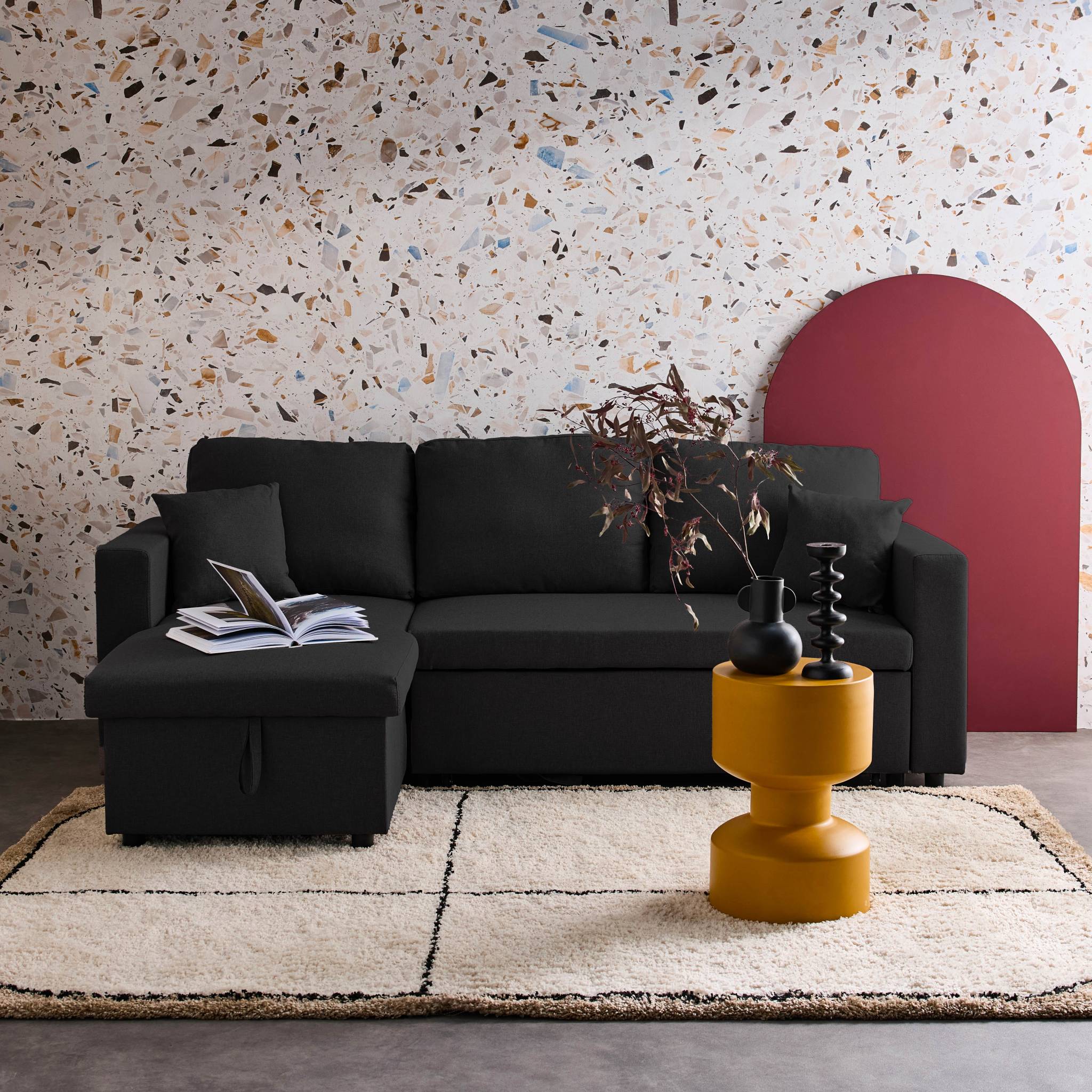 Divano angolare reversibile compatto 3 posti in tessuto, Nero - 2