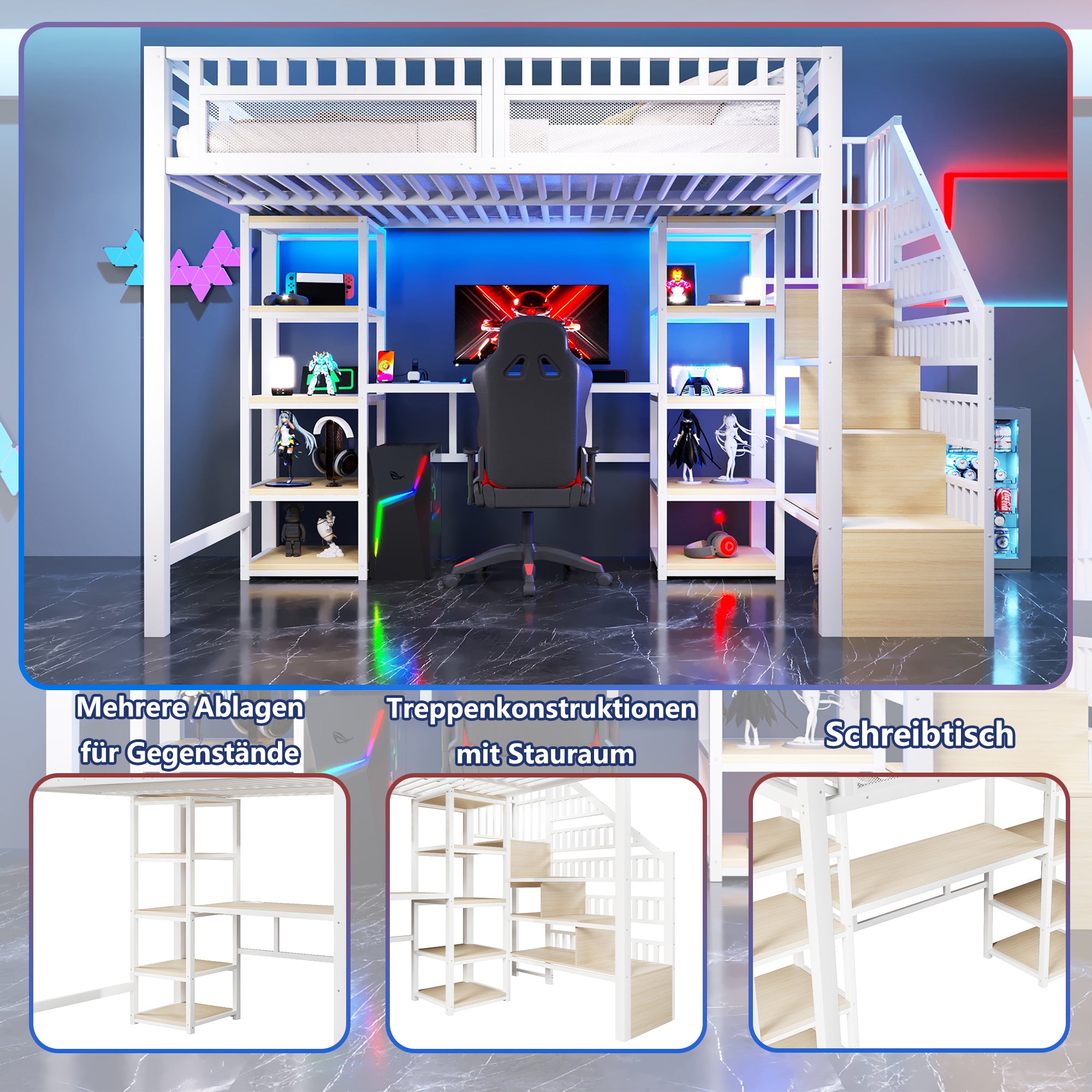 Łóżko piętrowe 140 x 200 cm z biurkiem, półkami - MDF + rama żelazna - listwa świetlna LED i port USB - białe (materac nie jest wliczony w cenę) - 3