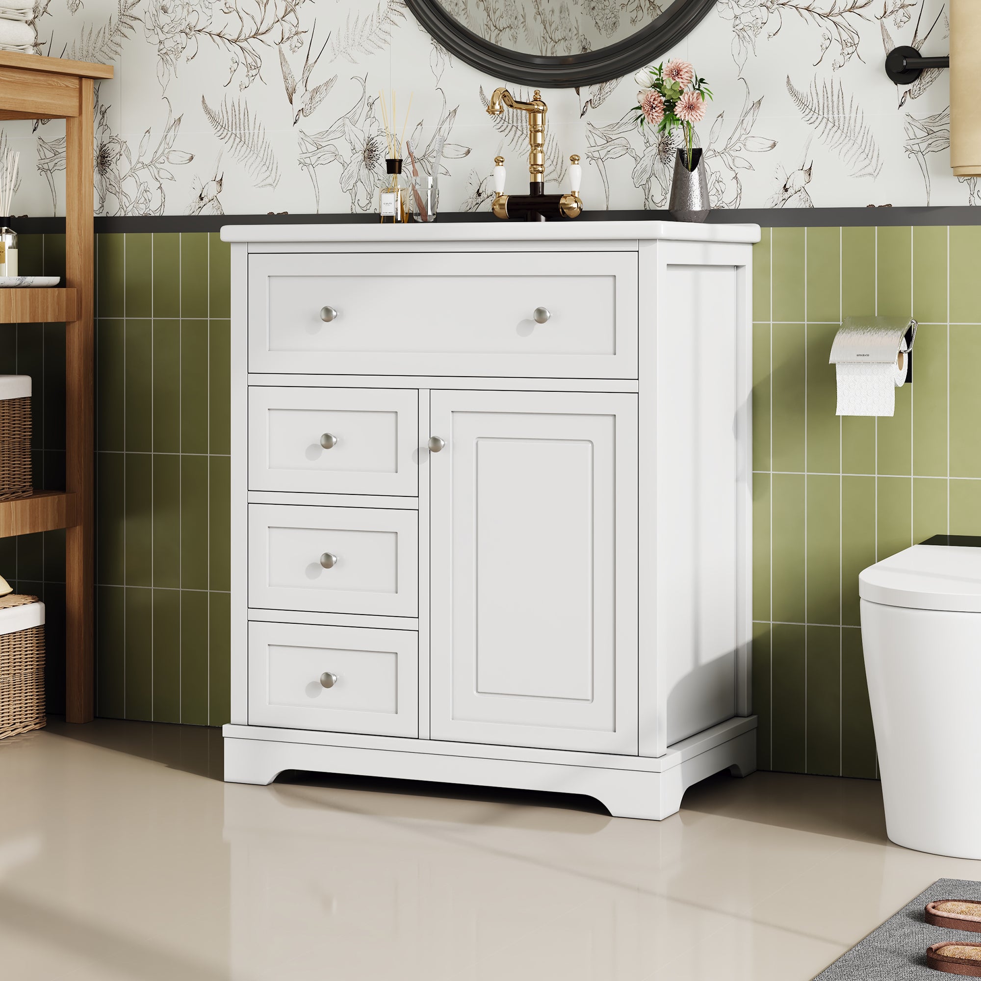 Meuble de salle de bain sur pied avec vasque intégrée (sans robinet), meuble bas avec vasque en céramique - 2 portes et 3 tiroirs - 76x46x87 cm -Blanc - 8