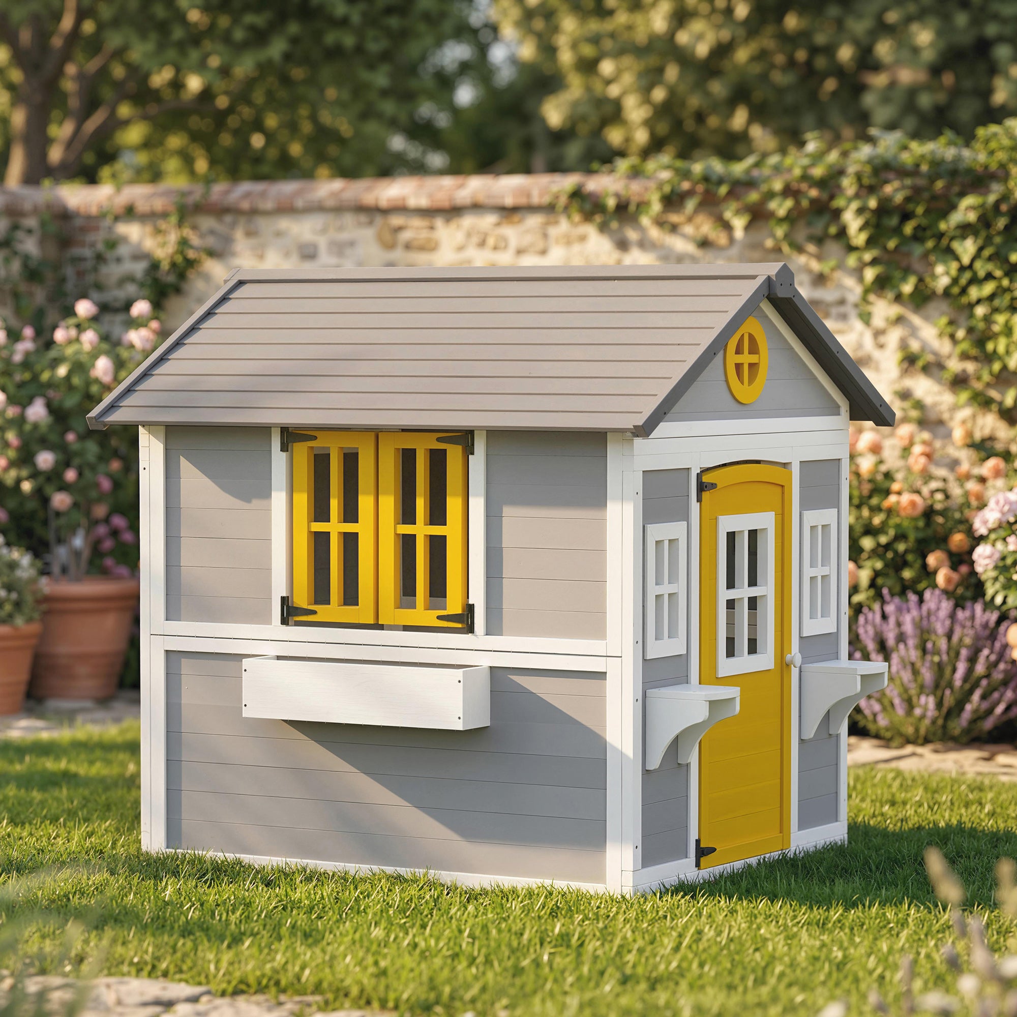 Casa de Madeira Infantil Outsunny Madeira de Abeto Cinzento 112x126x135 cm - 8