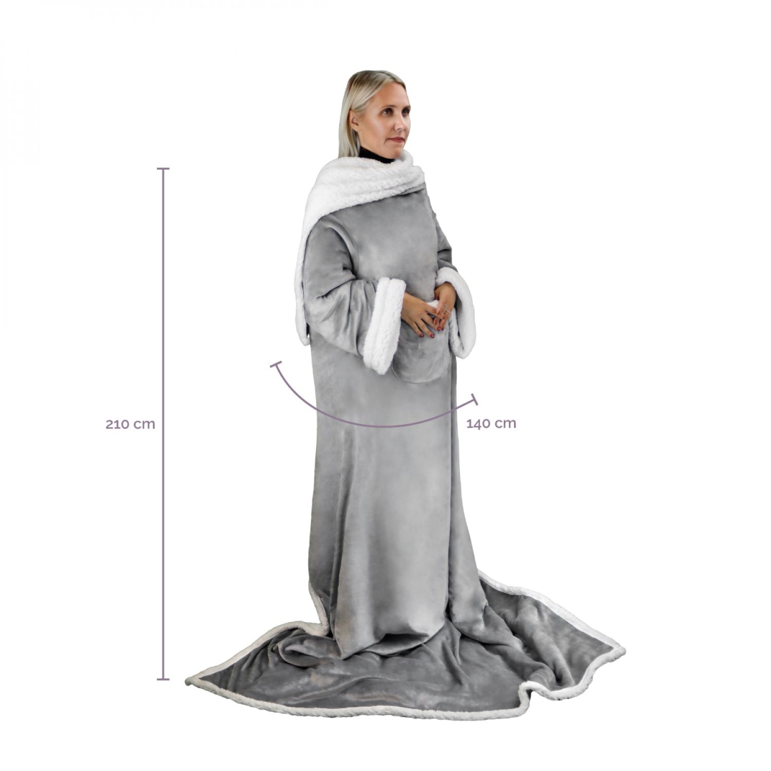 Couverture polaire, plaid intégral avec manches et poche - 140 x 210 cm - Sherpa et flanelle - Adulte - Gris - Vivezen - 2