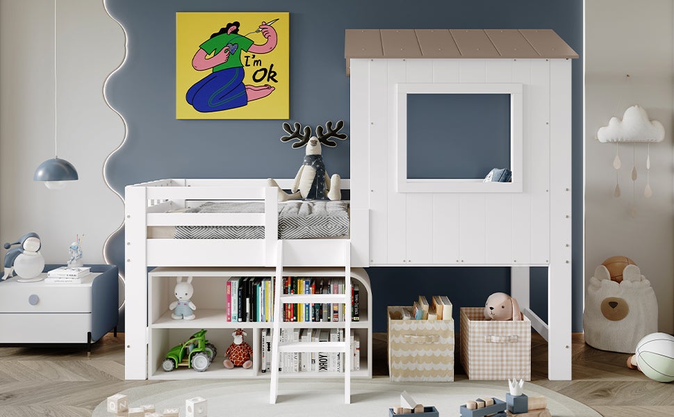 Letto per bambini 90x200 cm, letto a soppalco, letto a casetta con tetto e finestra, recinzione su quattro lati, con scaletta, bianco e naturale - 8