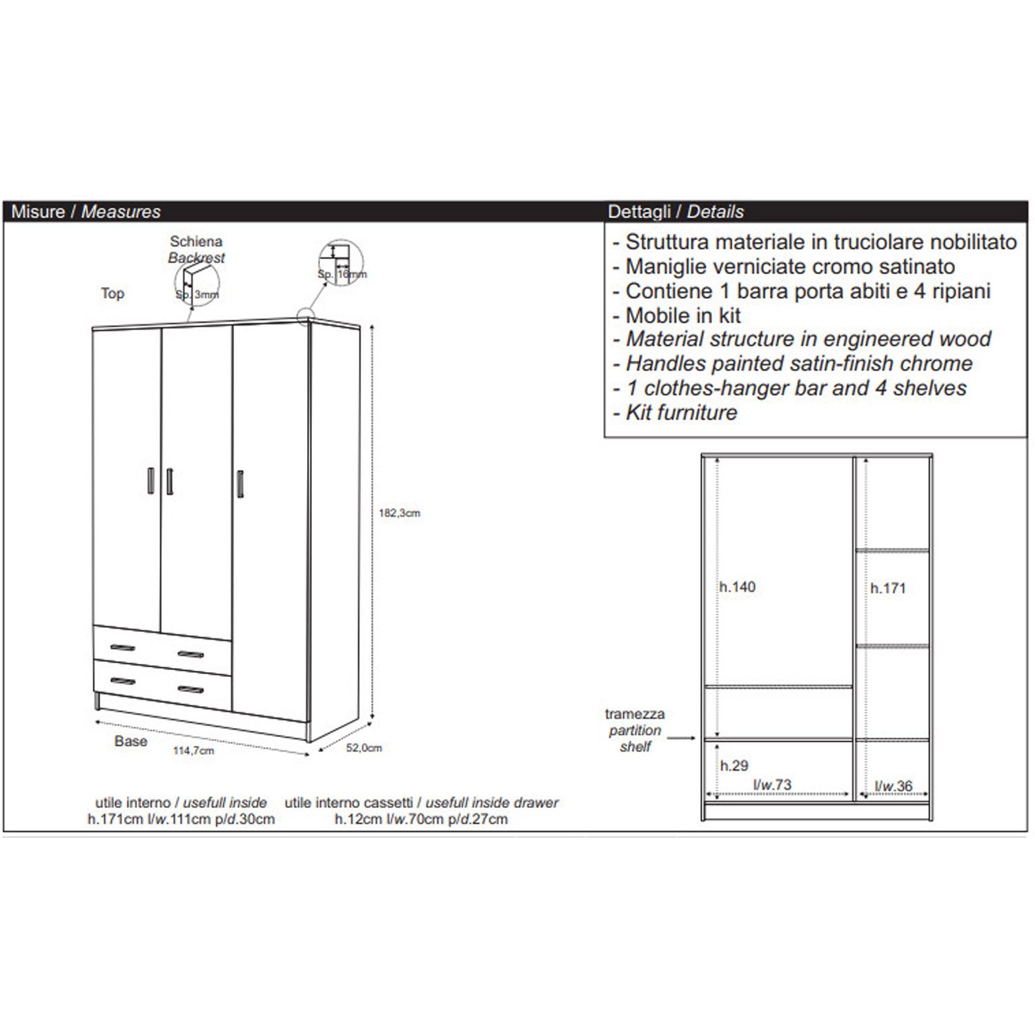 Armadio 3 ante 2 cassetti h 182 cm colore Eucalipto - 5