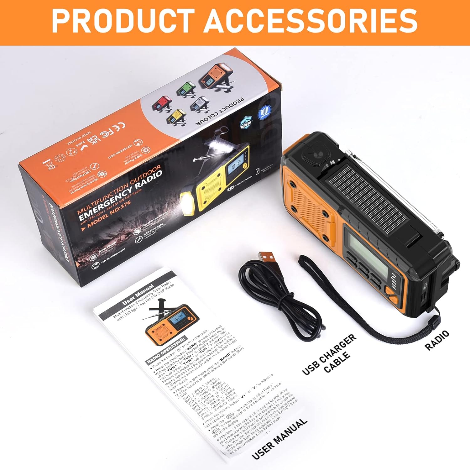 Radio d'urgence AM/FM NOAA, alerte météo, récepteur radio solaire à manivelle 5 voies avec lampe de poche LED et chargeur de téléphone USB, jaune | Leroy Merlin
