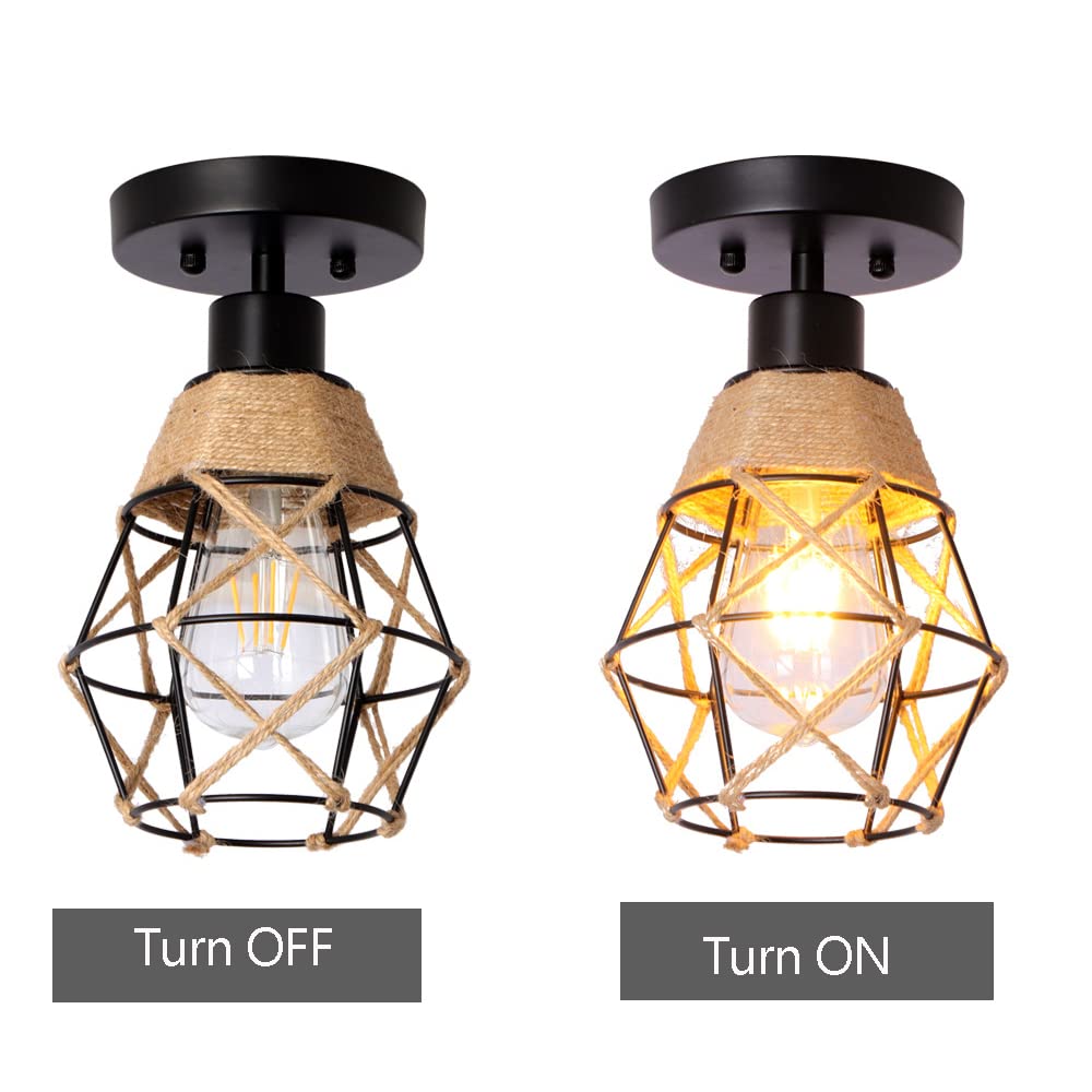 Lampada da soffitto in ferro con gabbia vintage da 4 pezzi, illuminazione per corridoio, sala da pranzo, lampada in corda di canapa (senza lampadina) - 5