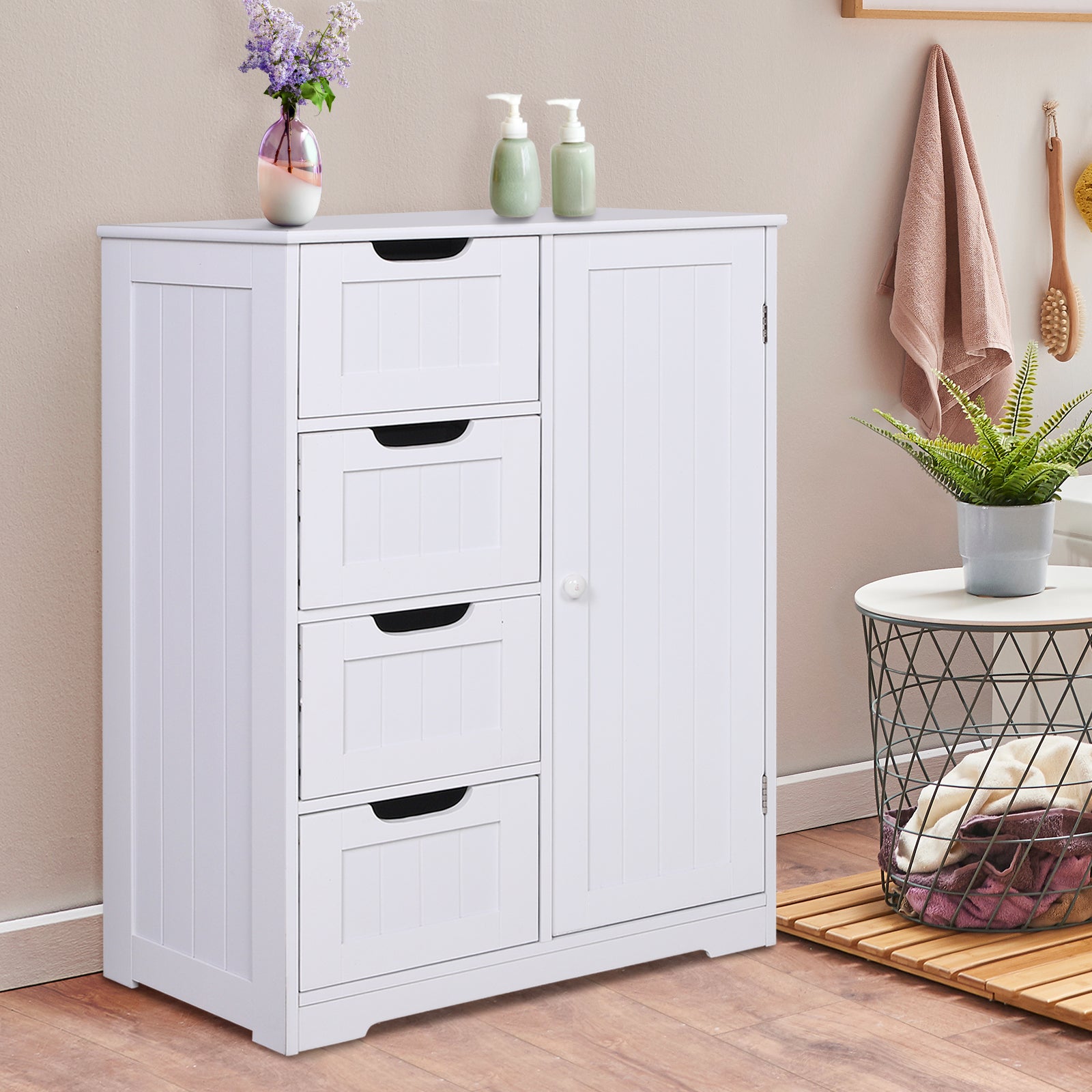 Mobile Bagno Con Cassetti - MDF Bianco, 56x30x83cm, 4 Cassetti E Ripiano Regolabile