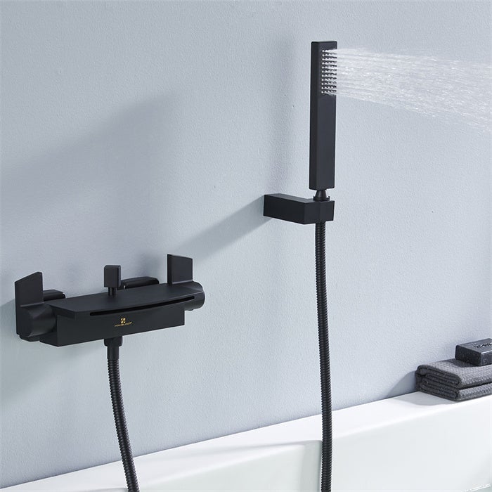 Mezclador de bañera en cascada, grifo de bañera montado en la pared con ducha de mano y manguera de ducha de 1,5 m, latón negro mate - 2