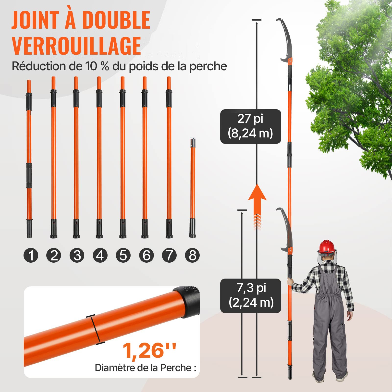 Scie à perche manuelle,élagueuse extensible SucceBuy 7,3 à 27 pieds,lame en acier tranchant,8 poignées en fibre verre,pour élaguer les palmiers - 6