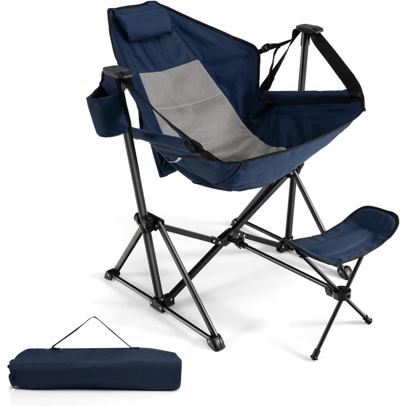 Leżak Kempingowy, Składane Krzesło Przenośne z Miękką Poduszką, Regulowanym Oparciem, Zdejmowanym Podnóżkiem, z Regulowanym Oparciem (Niebieskie)