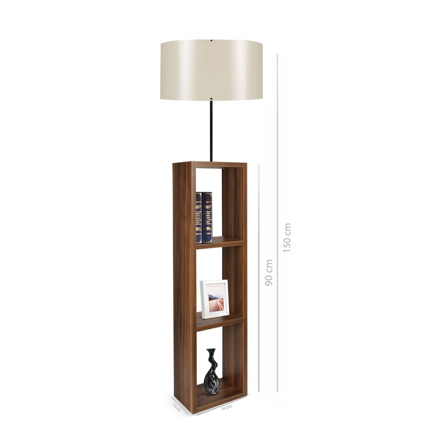 Lampadaire combiné 3 étagères Taura Tissu Blanc Blanc créme et Bois Marron - 3