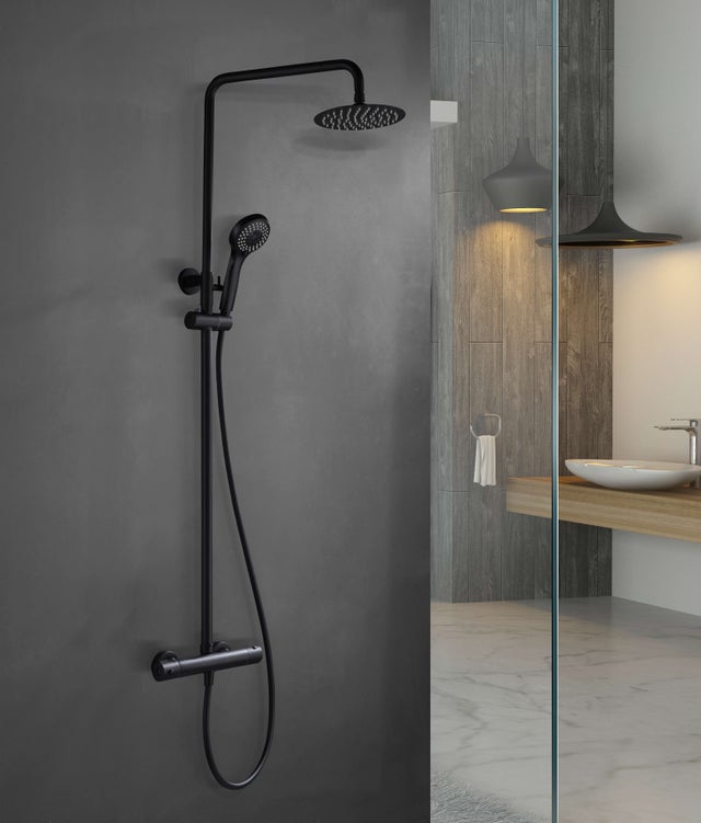 Asta doccia termostatica estensibile con soffione tondo extra piatto - Rubinetti per bagno e doccia Nero Opaco
