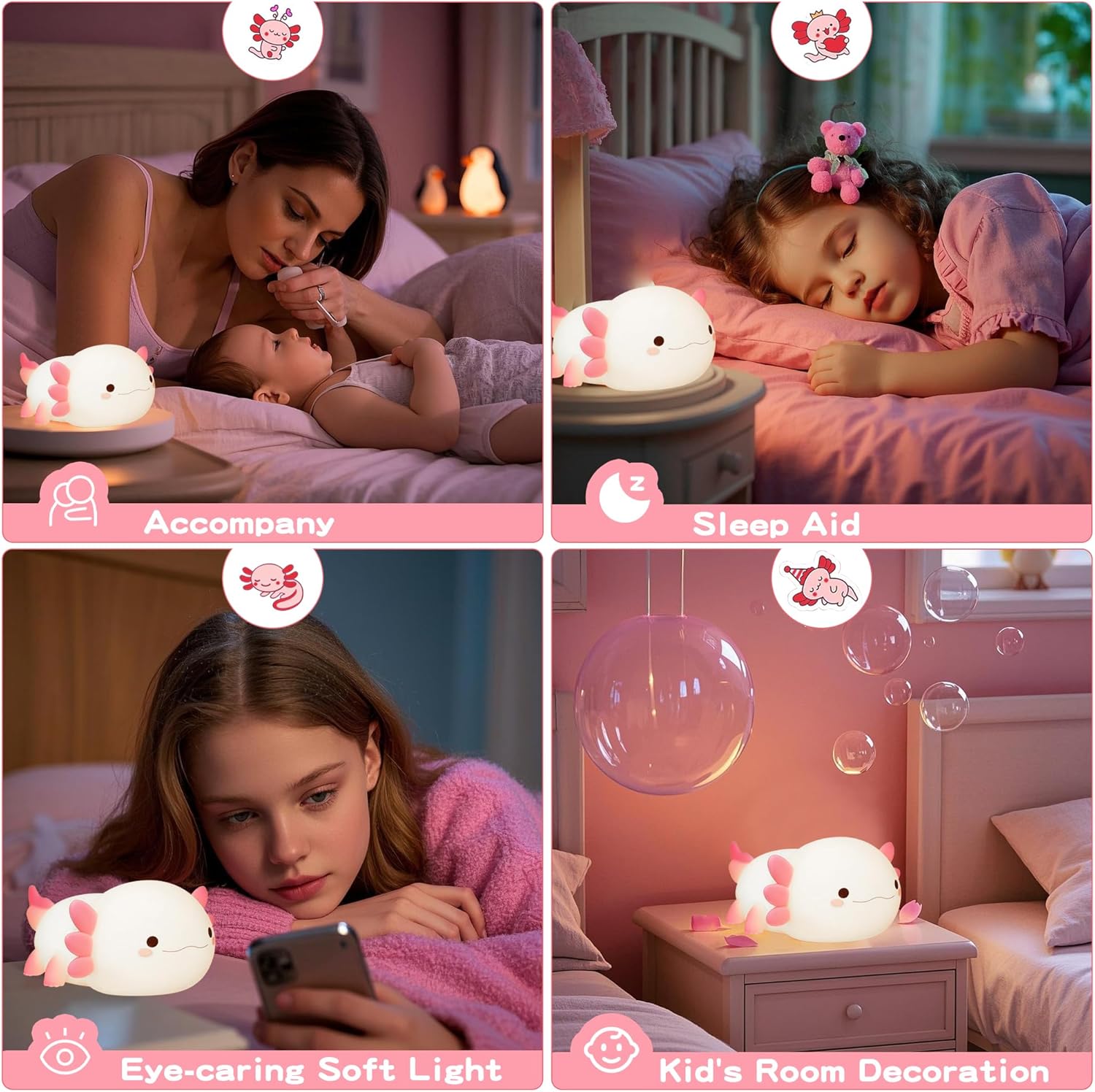 Axolotl Veilleuses pour enfants - Veilleuse Animal en Silicone à Intensité Variable - Lampe de Chevet Tactile Rechargeable Mignonne - 3