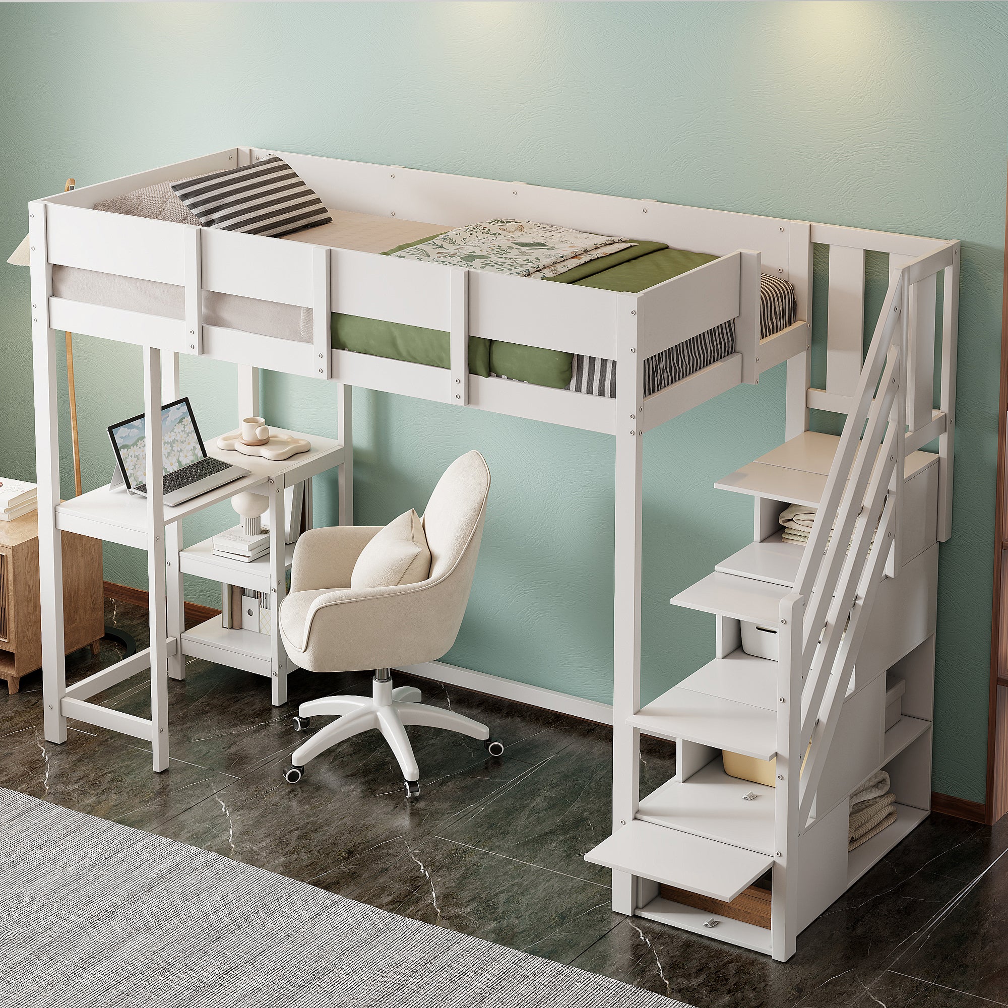 Lit Mezzanine 90x200 cm avec Bureau et étagères, Lit superposé avec Escalier de Rangement, lit Enfants avec sommier à lattes, blanc - 2