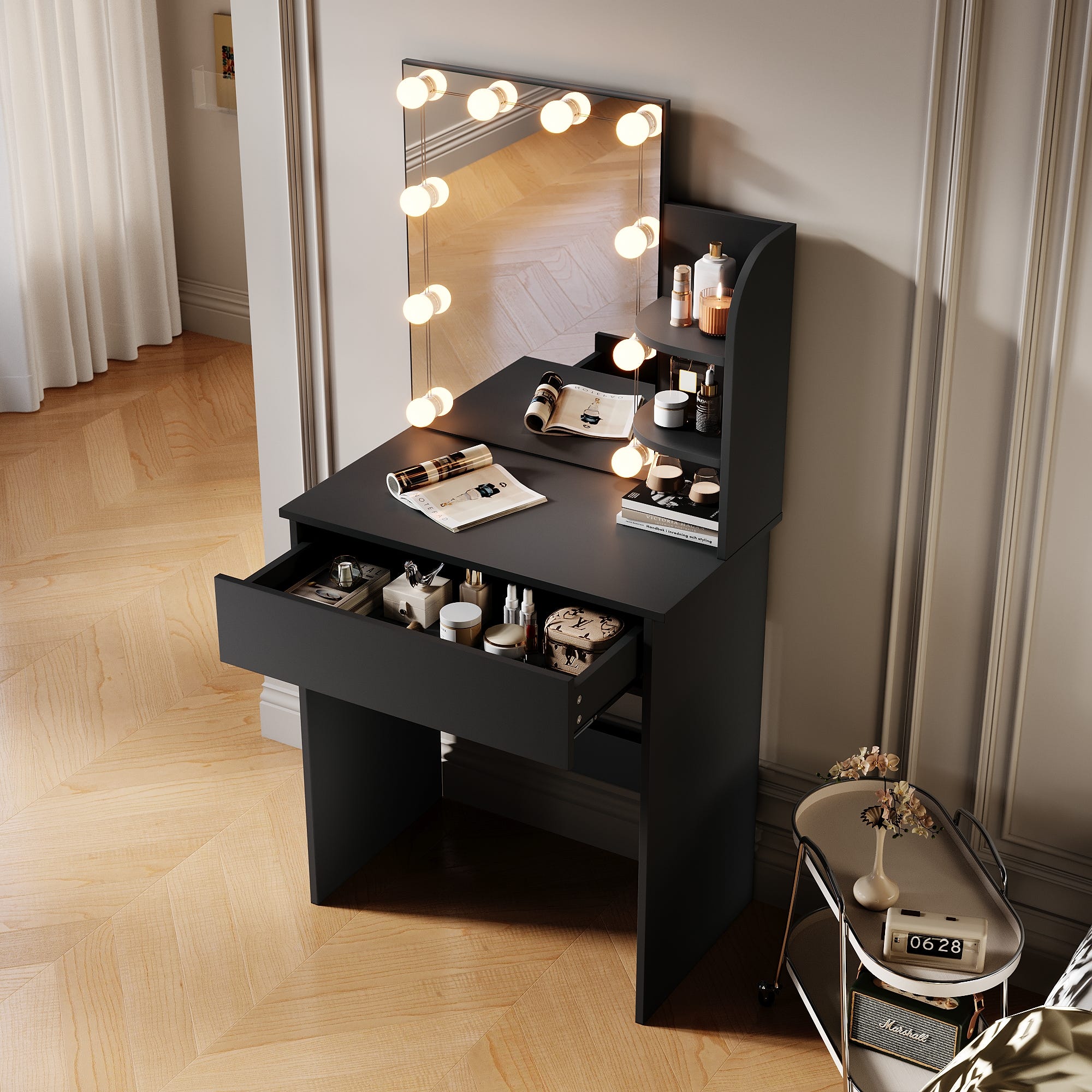Coiffeuse Moderne Noire 70x40x140 cm SIRHONA avec 10 Ampoules LED avec ...