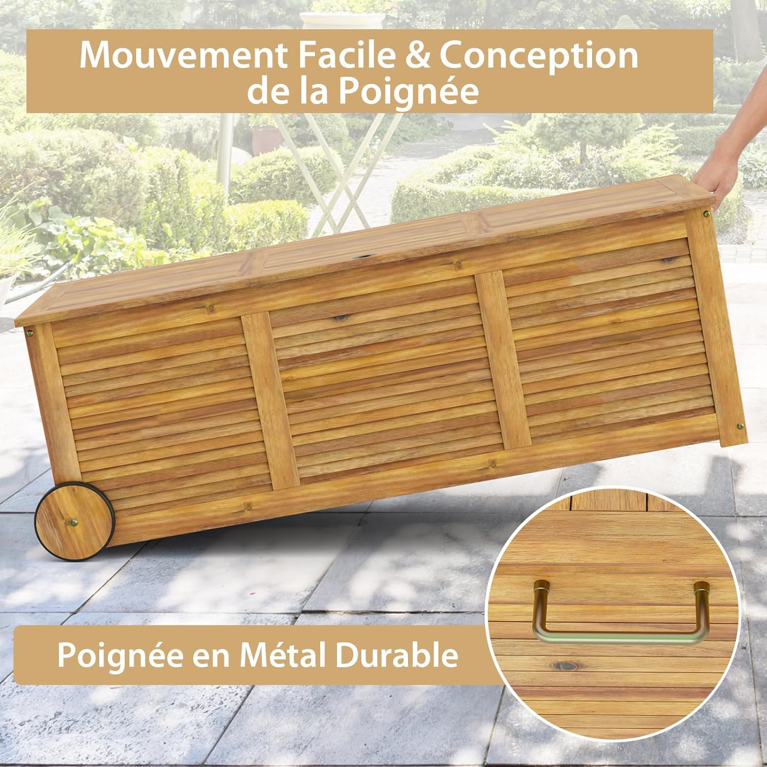 Caja de almacenamiento exterior de 182L rodante, de madera de acacia con 2 ruedas, asa lateral, funda impermeable, para cojines, juguetes, natural - 6