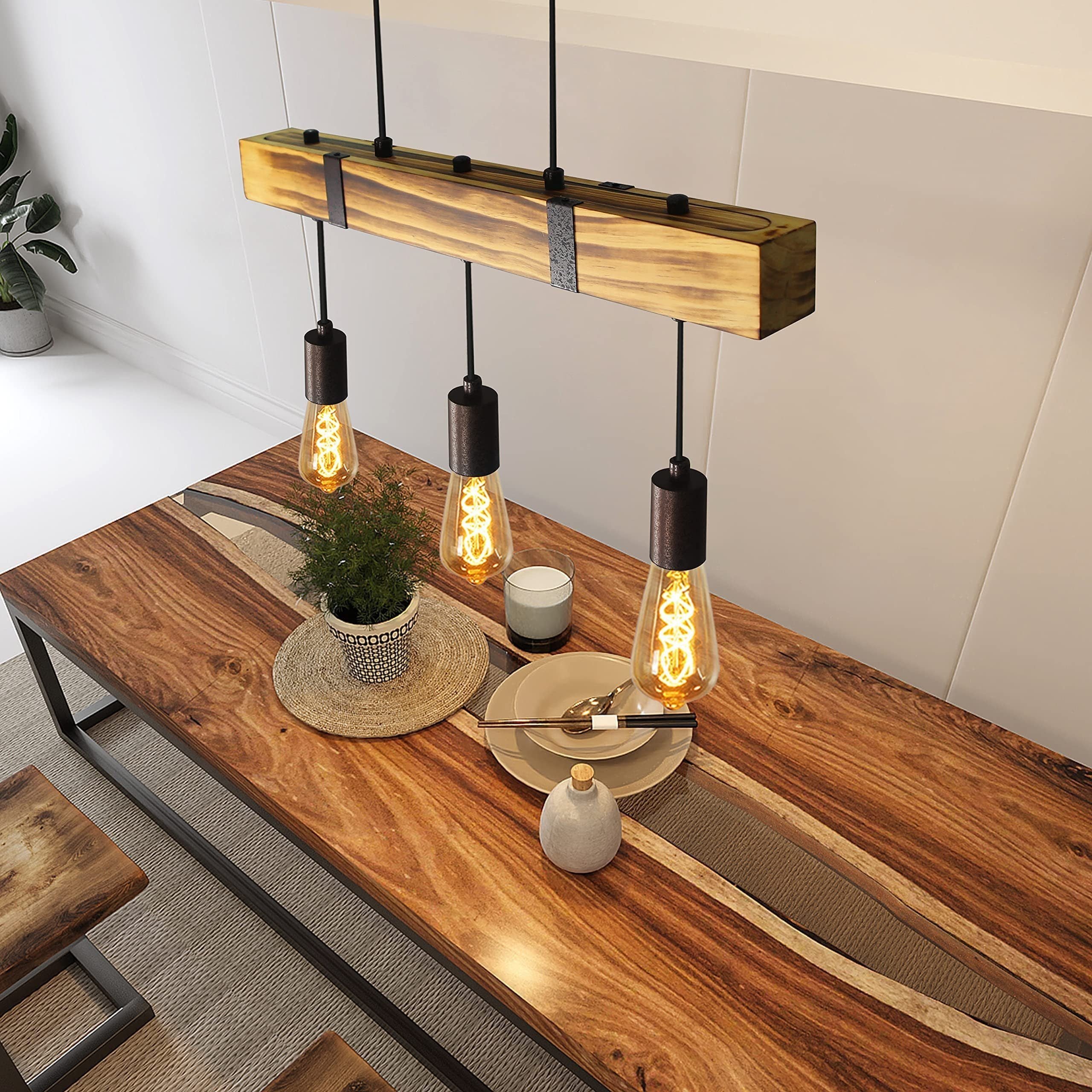 ZMH Suspension Vintage en bois avec poutre d'un diamètre de 61 cm 3 douilles E27 hauteur réglable puissance - 2