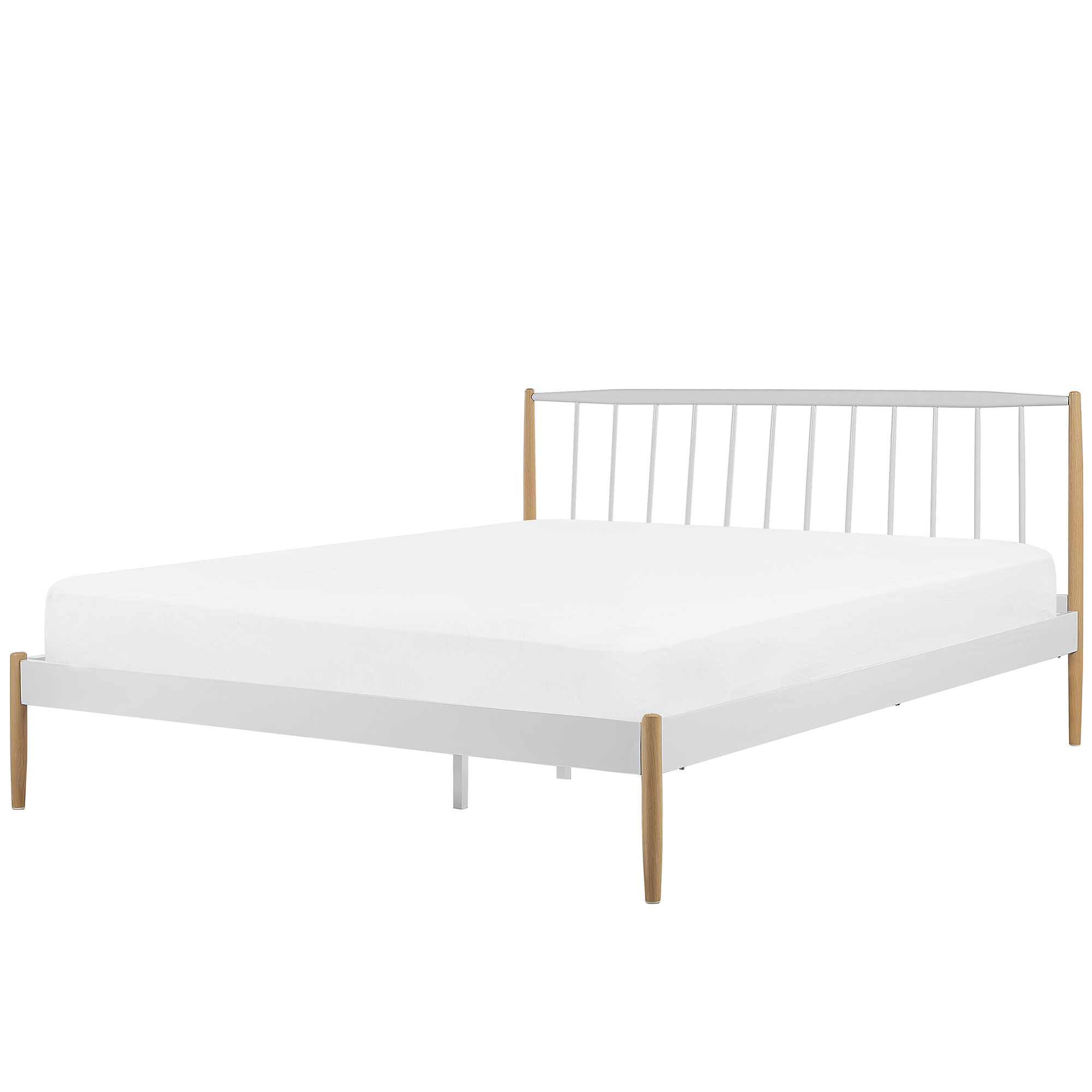 Beliani Cama De Metal 180 X 200 Cm Blanca Con Patas De Madera Clara Base De Listones Estilo Retro Escandinavo Maurs