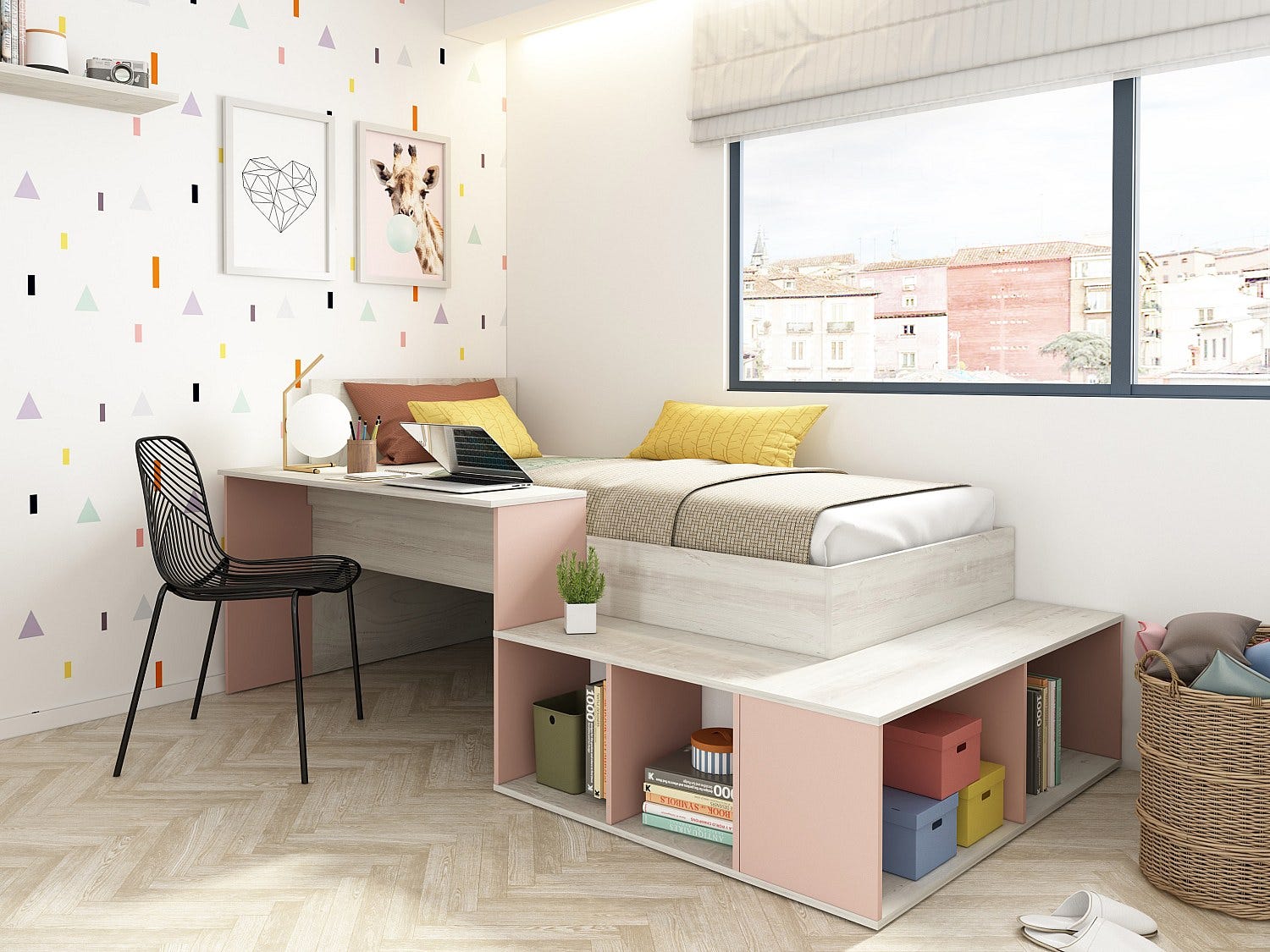 90*200 cm, letto basso, con letto estraibile, con scrivania, tre ripiani sul lato del letto, rosa | Leroy Merlin 90*200 cm, letto basso, con letto estraibile, con scrivania, tre ripiani sul lato del letto, rosa | Leroy Merlin