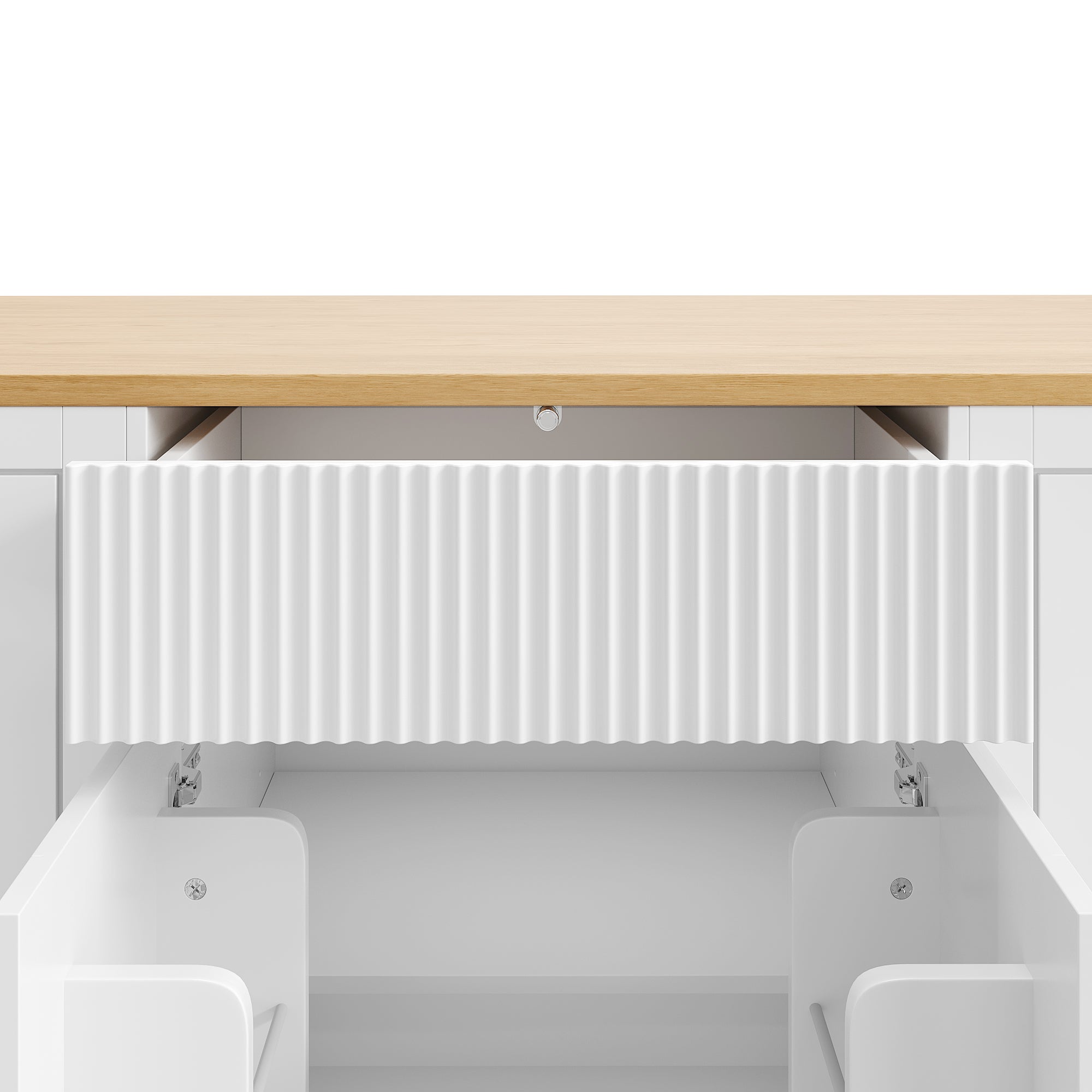 Ilot central de cuisine mobile - 3 portes et 2 tiroirs - étagères ouvertes - avec compartiment poubelle - MDF - Blanc - 8