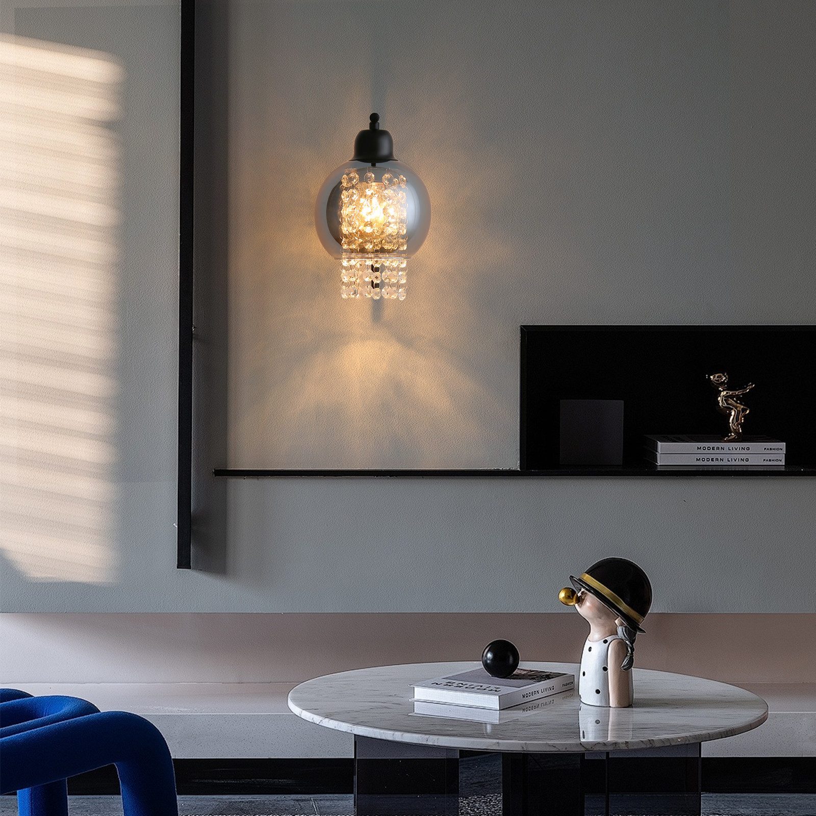 NETTLIFE Szary dymny szklany kinkiet z kryształową kulą E27 do sypialni, nowoczesna lampa wewnętrzna do przedpokoju - 8