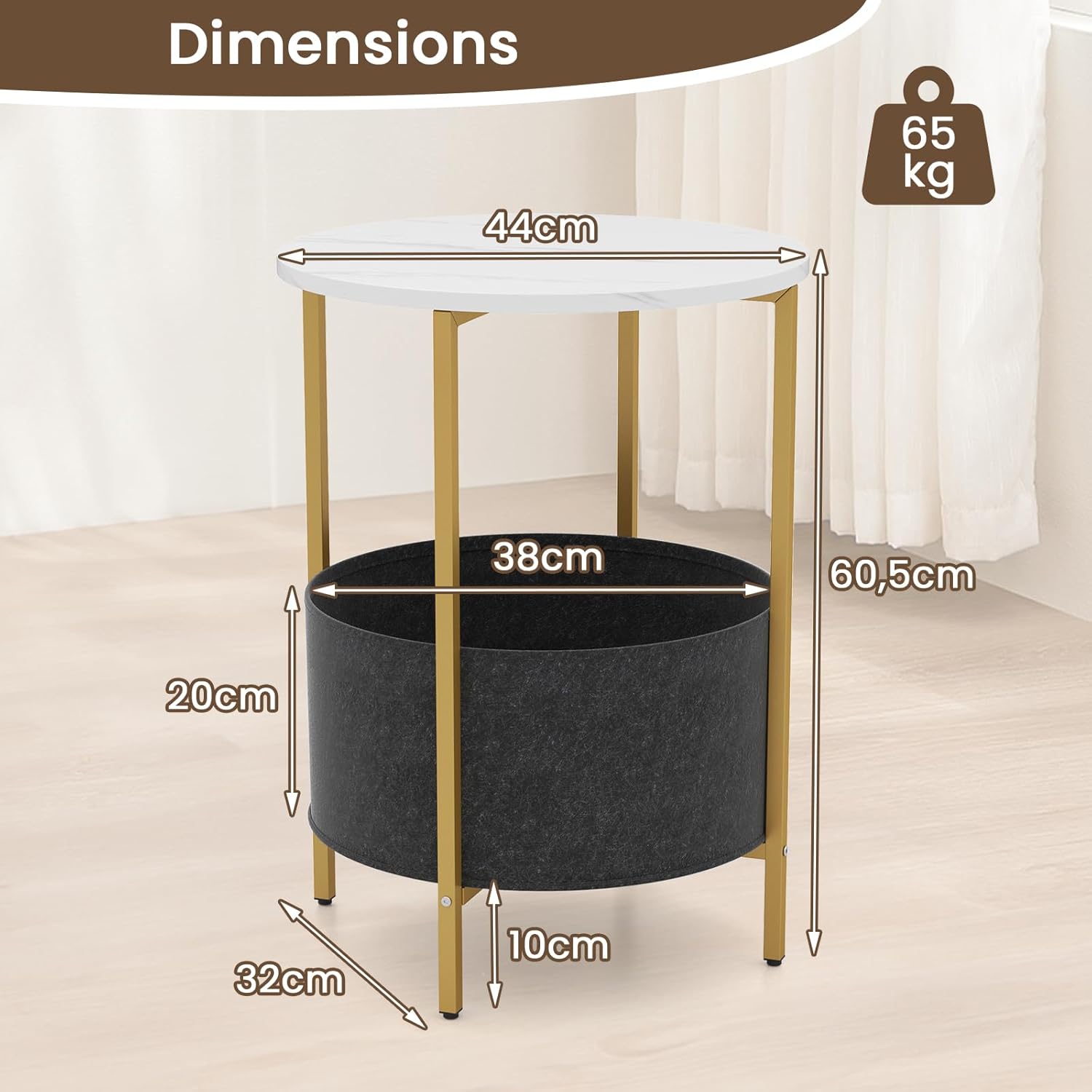 Tavolino Rotondo per Piccoli Spazi, Tavolino a 2 Ripiani con Cestino in Tessuto Rimovibile e Struttura in Metallo, Tavolino da Salotto, Camera - 3