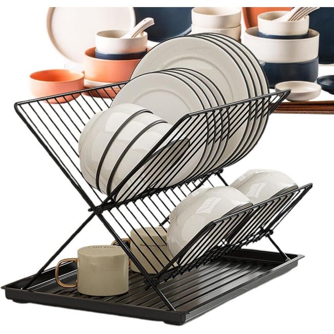 Foldable dish rack, removable water tray, 2-tier collapsible kitchen ...