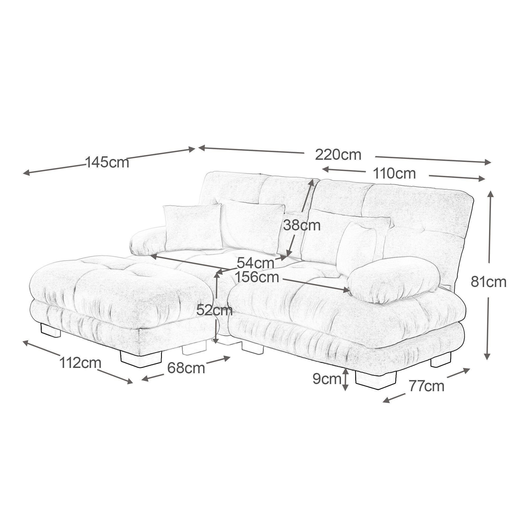 Canapé d\'angle 2 places avec 2 coussins lombaires et 2 coussins décoratifs, avec larges accoudoirs – chenille – marron clair - 8