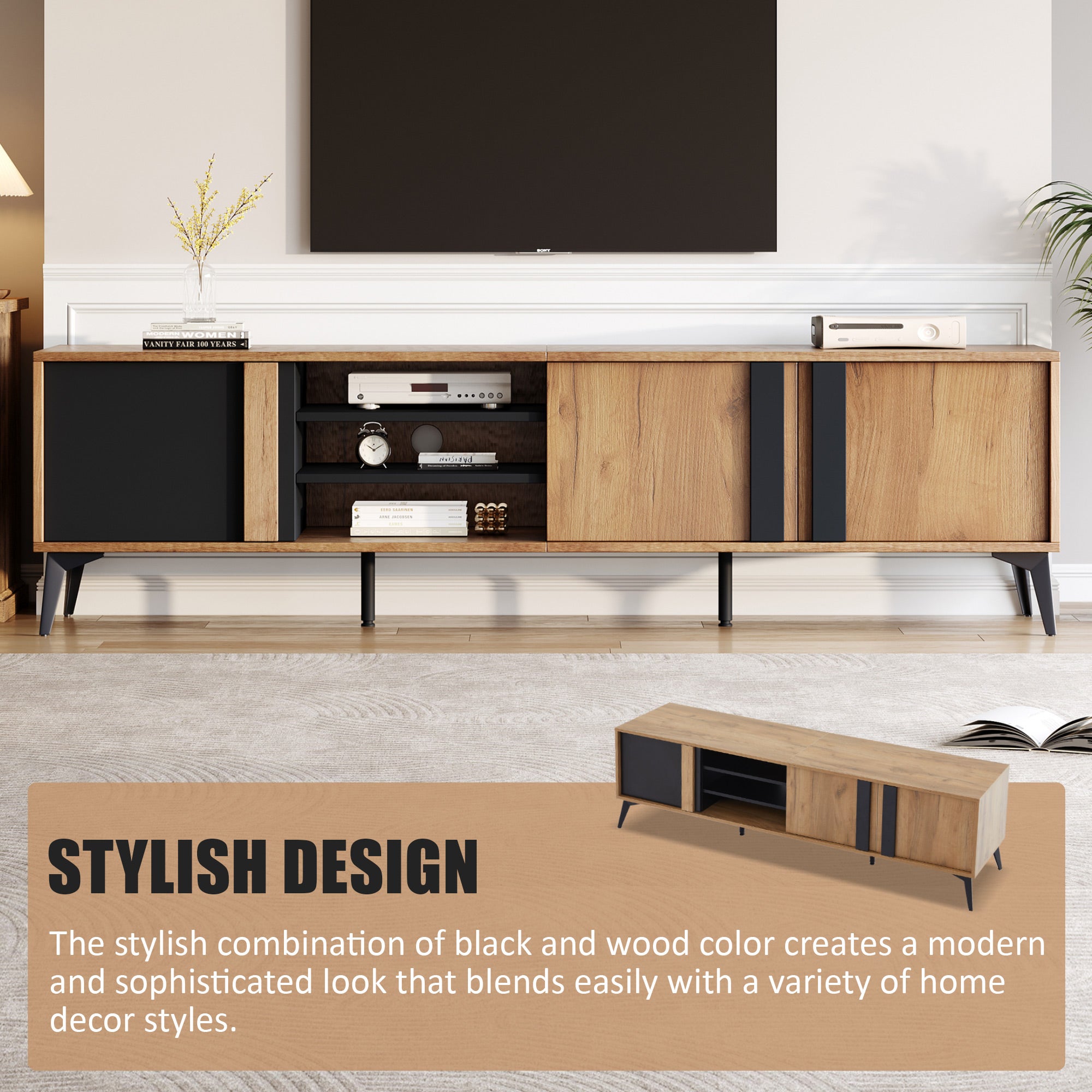 Meuble TV avec 3 portes et 3 niches ouvertes - 180 x 40 x 50 cm - Panneau de particules - Marron et noir - 9