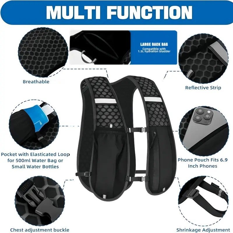 Gilet de course pour homme et femme - Gilet de course avec gourde- Avec support pour téléphone portable - Gilet d'hydratation pour la course à pied - 4