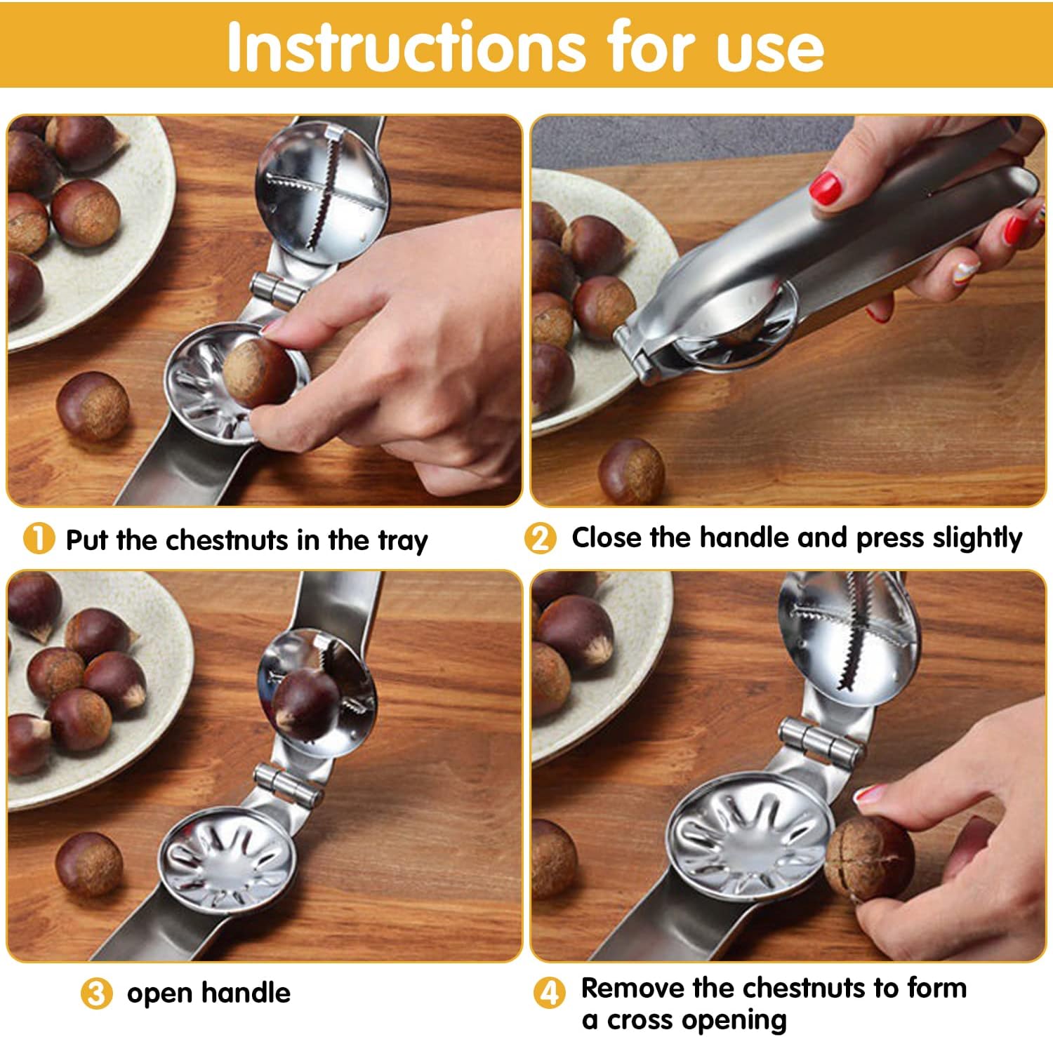 Clip per castagne, clip per noci in 2 pezzi, pinze per castagne, clip per noci, clip per nocciole, apri castagne, pinze per castagne in acciaio inossi - 5