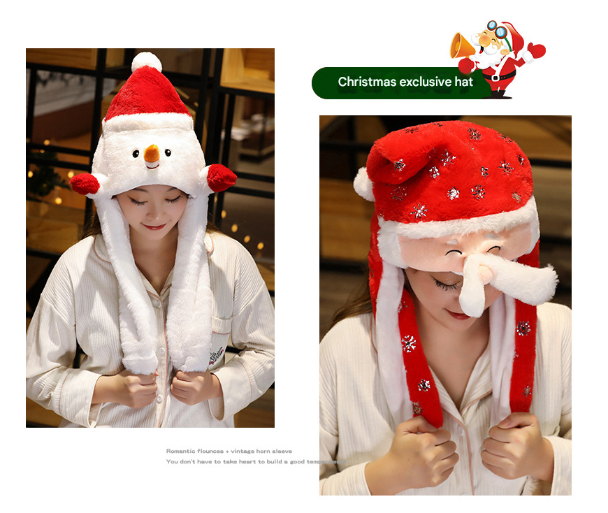 Bonnet De Noël En Peluche Avec Oreilles Mobiles - Chapeau Père Noël Amusant, Oreilles Qui Bougent, Cadeau Festif Adultes Enfants