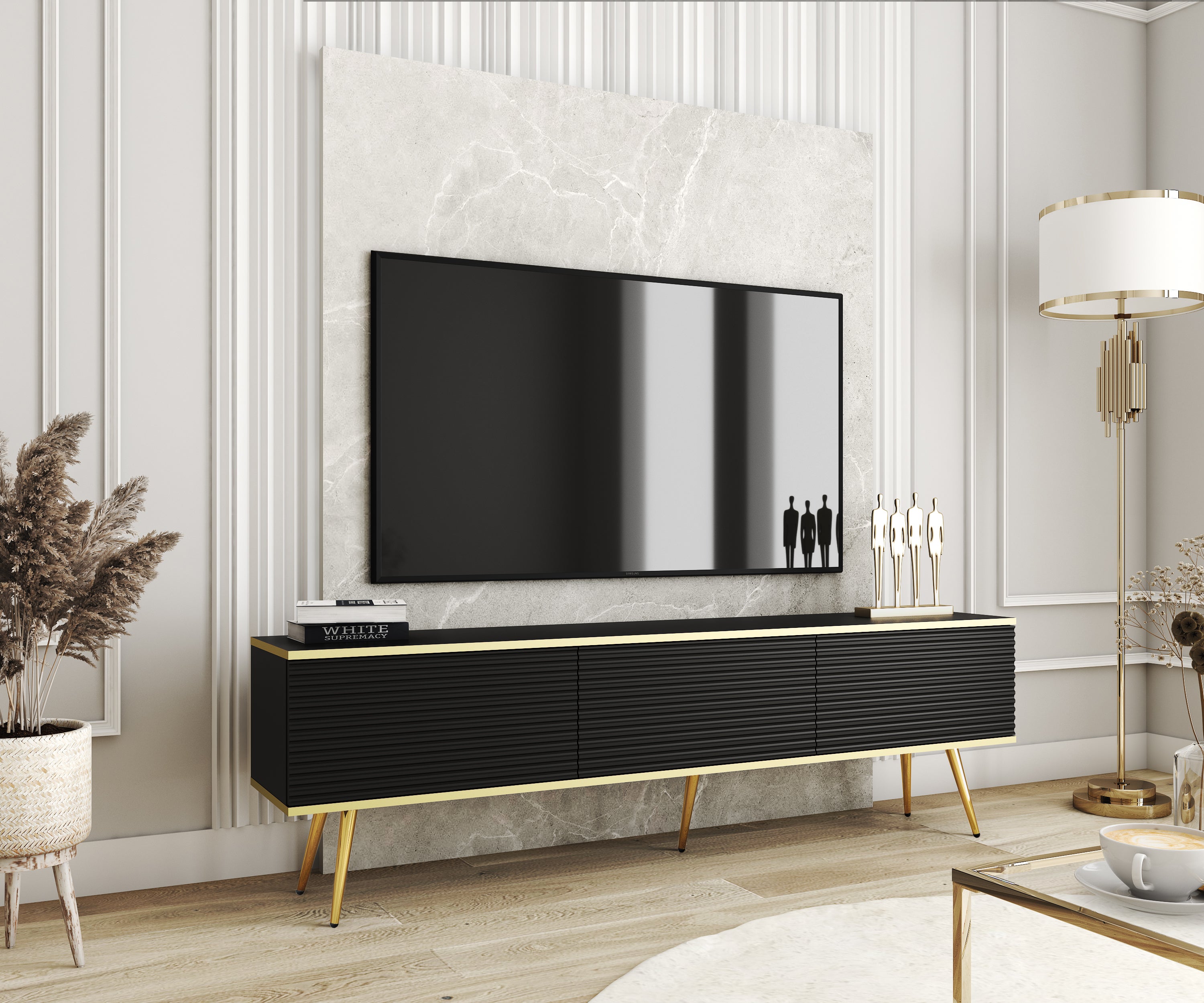Stolik pod TV z czarnymi listwami, złotymi nogami, 175 x 30 x 52 cm, otwierany na naciśnięcie - 2