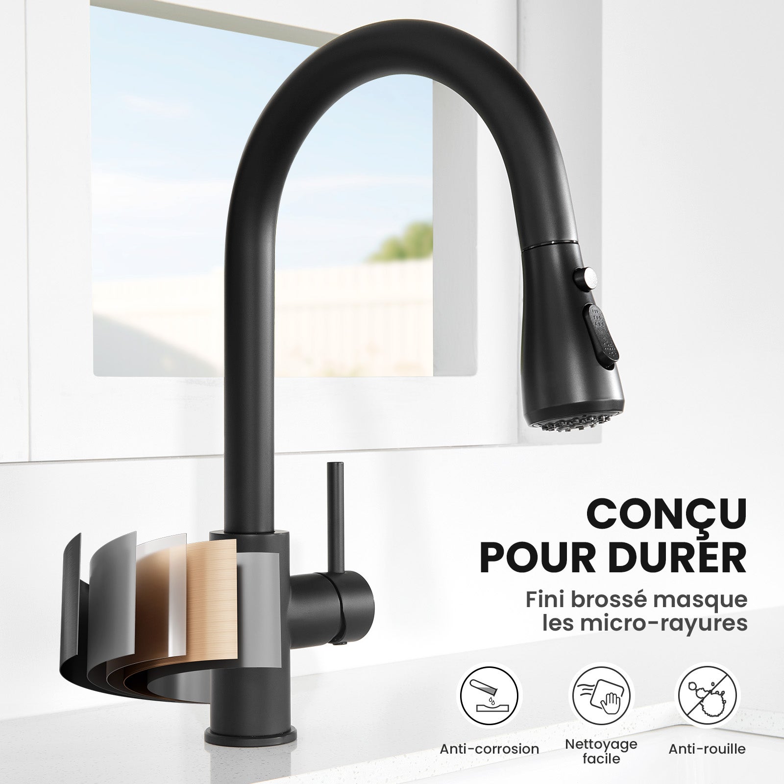Mitigeur de Cuisine avec Douchette Extractible - Robinet Cuisine Noir Mitigeur d'Évier avec 2 Modes de Sortie D'eau - 3