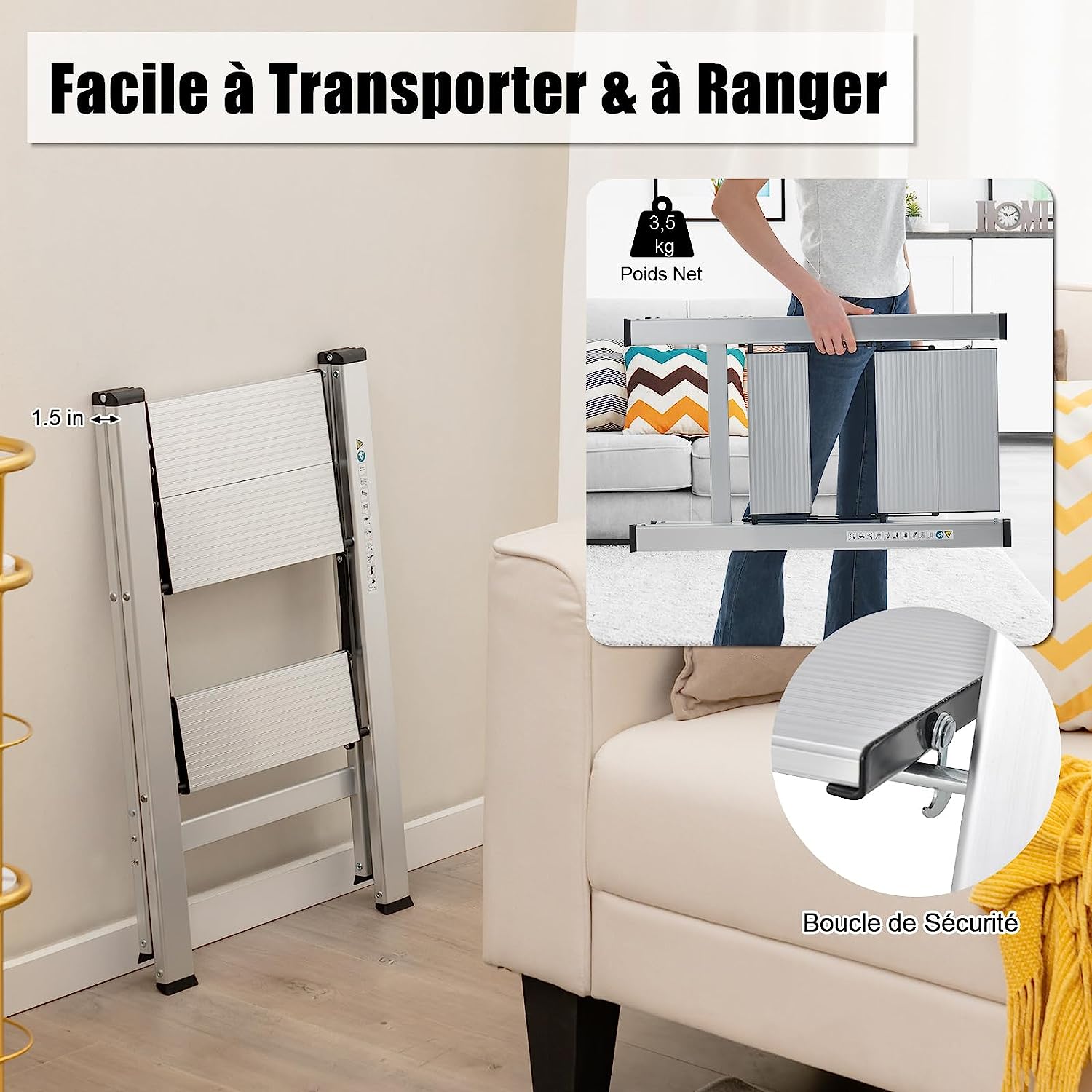 Marchepied Pliable 2 Marches en Aluminium, Charge 150KG (49 x 44 x 66 cm) - 2