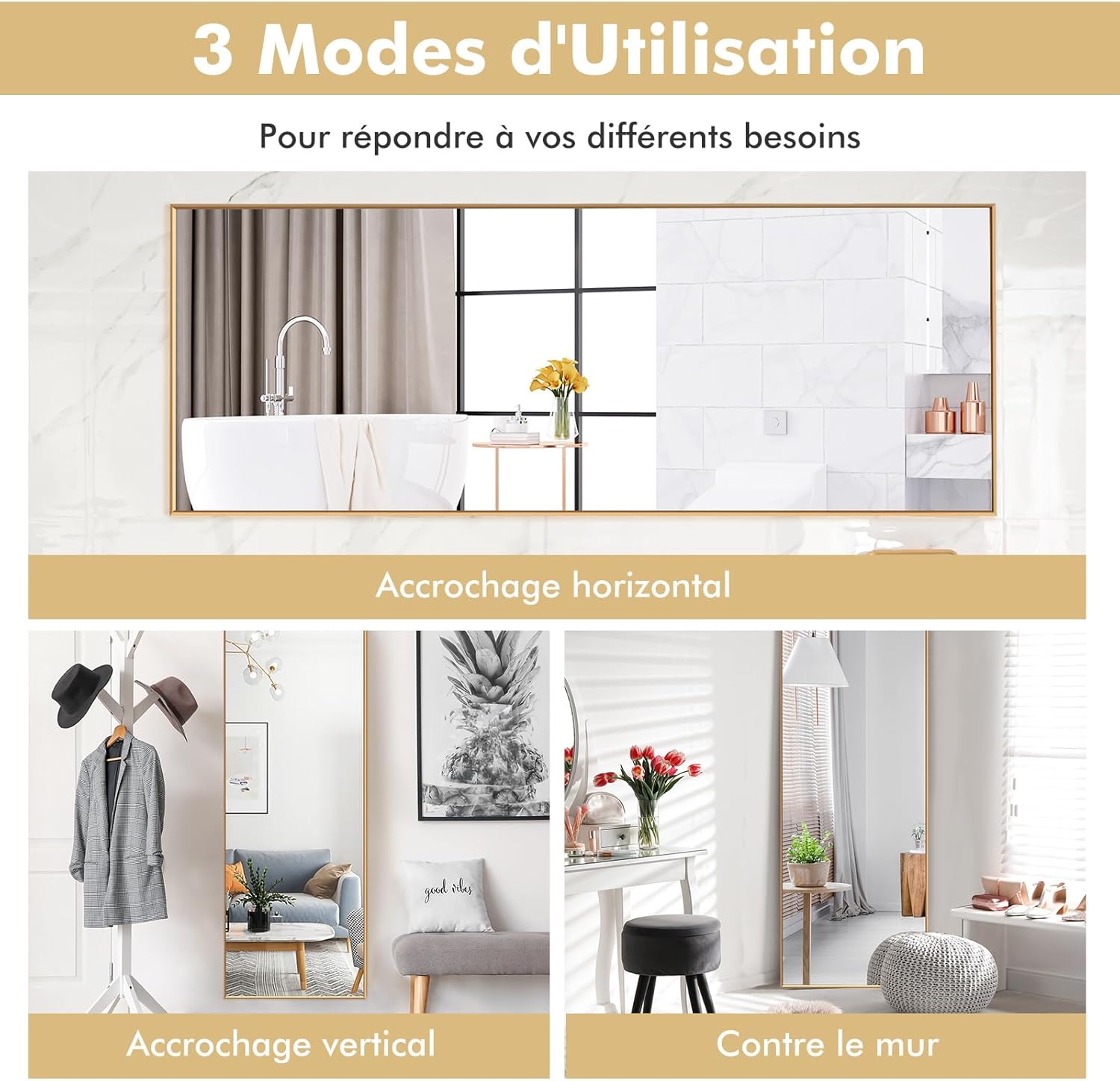 2 in 1 Specchio Lungo da Parete, Specchio a Figura Intera con Telaio Rettangolare in Alluminio e Vetro Antiesplosione, Specchio da Terra per I - 8