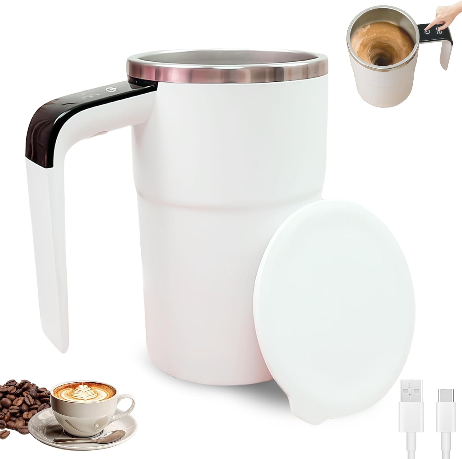 Ahuuen Tasse Mélangeur Automatique à Café - Affichage Température, Mixage Magnétique, Rechargeable USB, Idéale Camping, Bureau & Maison
