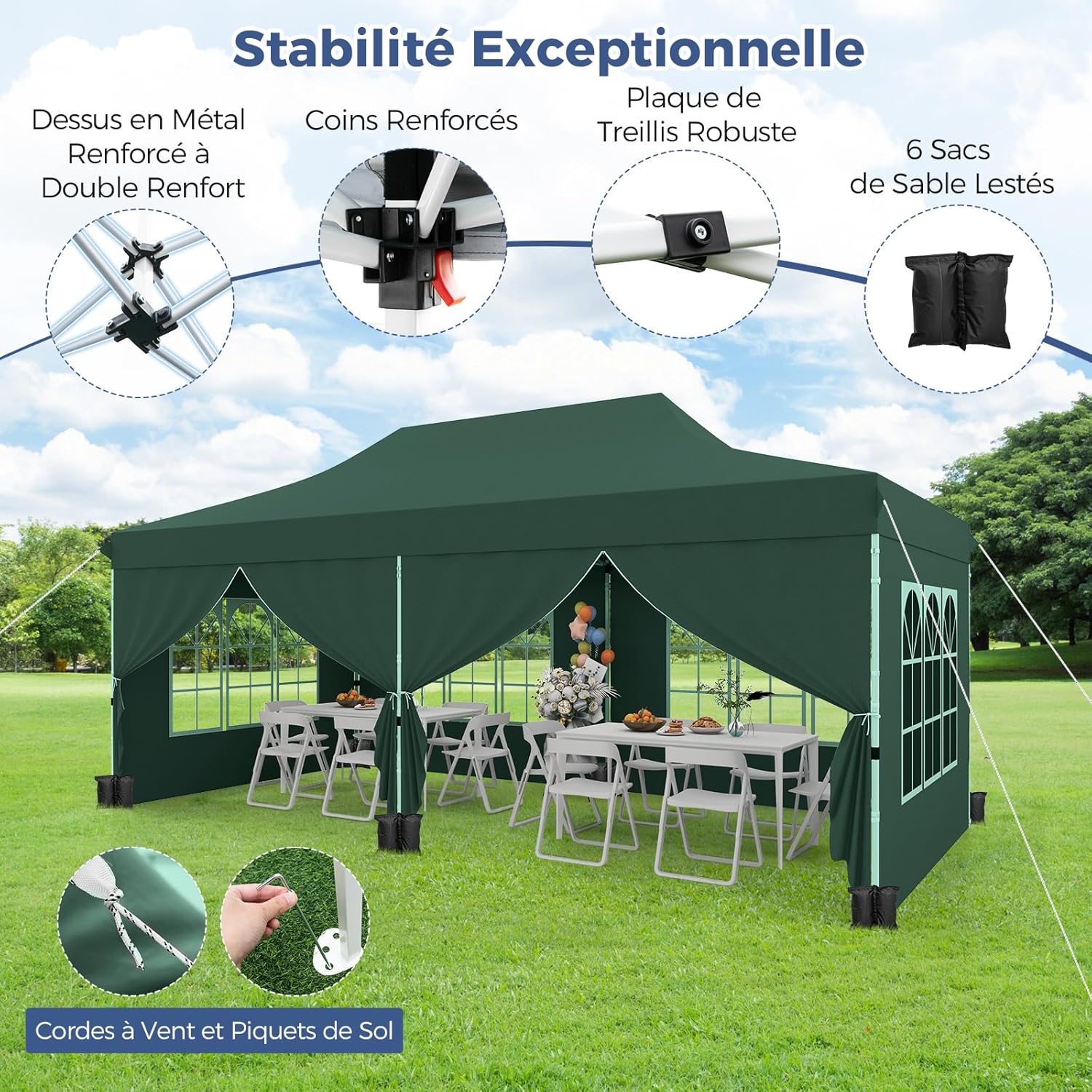 Tonnelle Pliable 3x6M avec 6 Parois Latérales, Barnum Tente de Réception Pliante Anti-UV 50+, Imperméable, 6 Sacs de Sable,Sac de Transport, Vert - 8