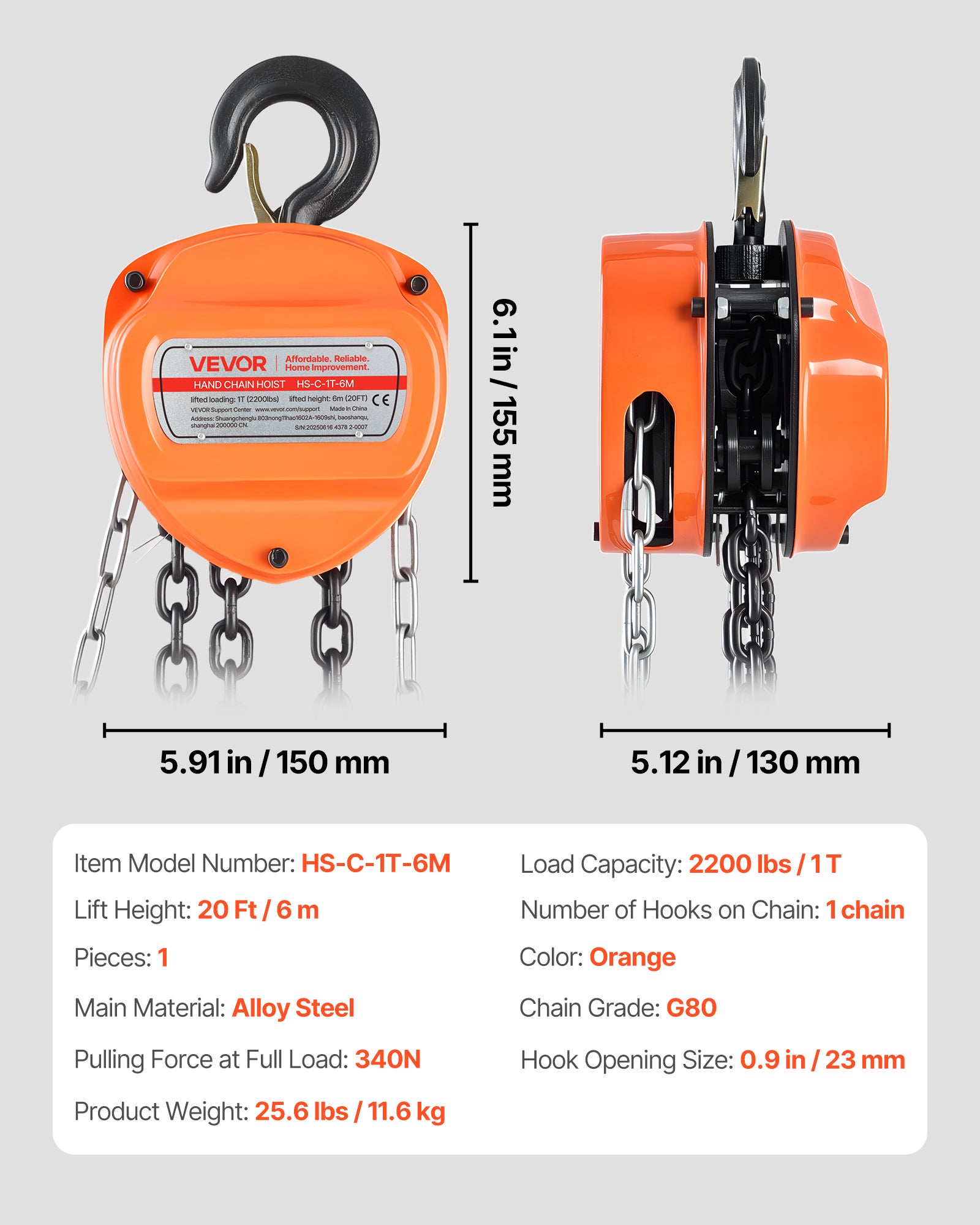 Palan Manuel Chaîne VEVOR, Capacité Charge 1 T, Hauteur de Levage 6 m, avec Crochet Robuste, Levage de Marchandise pour Garages, Chantiers, Entrepôts - 7