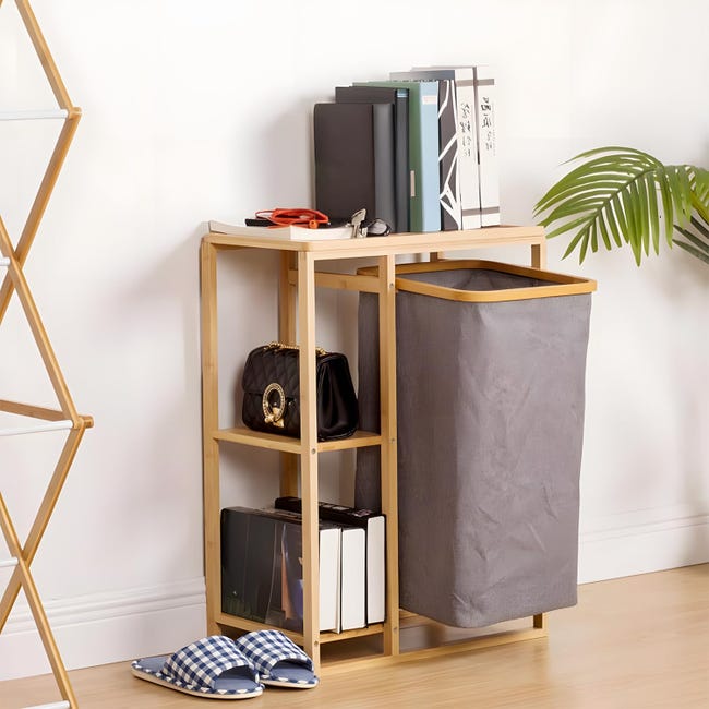 Portabiancheria In Bambù Con 2 Cestini - Mobile Bagno Salvaspazio 90x38x30cm, Elegante E Resistente - Foto 9