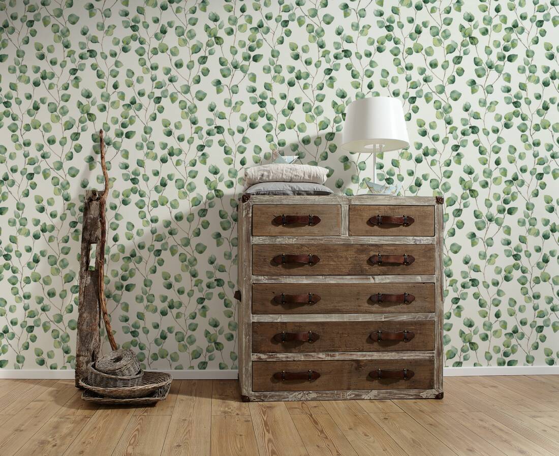 Papel pintado hojas y ramas verdes sobre fondo beige Papel pintado decorativo estilo naturaleza Papel pintado vinílico con relieve - 2