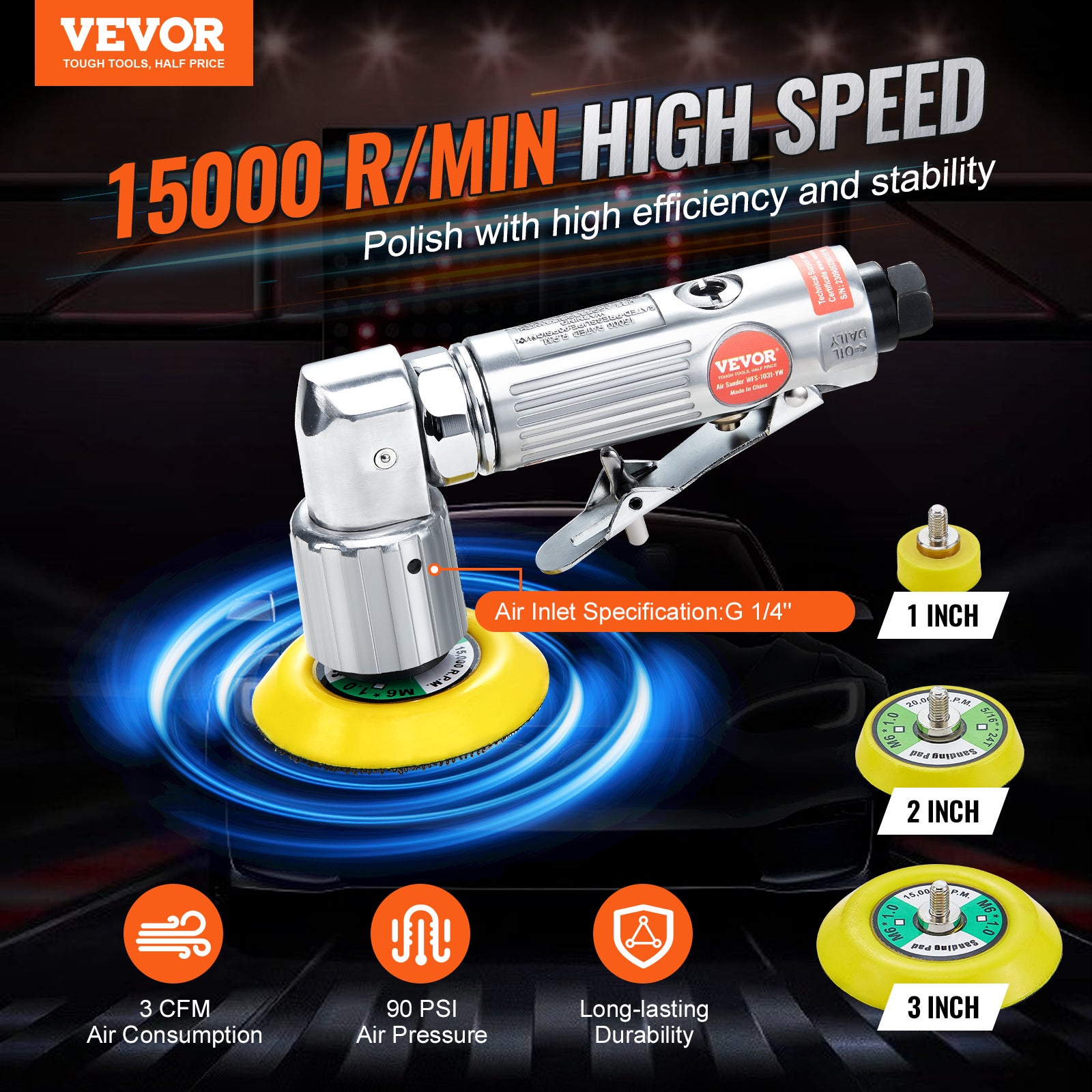 Mini Ponceuse Pneumatique VEVOR 1/2/3 po 2,5/5/7,6 cm Ponceuse Orbitale Aléatoire Vitesse 15000 tr/min Kit Ponceuse Voiture Carrosserie 58PCS Éponges - 2