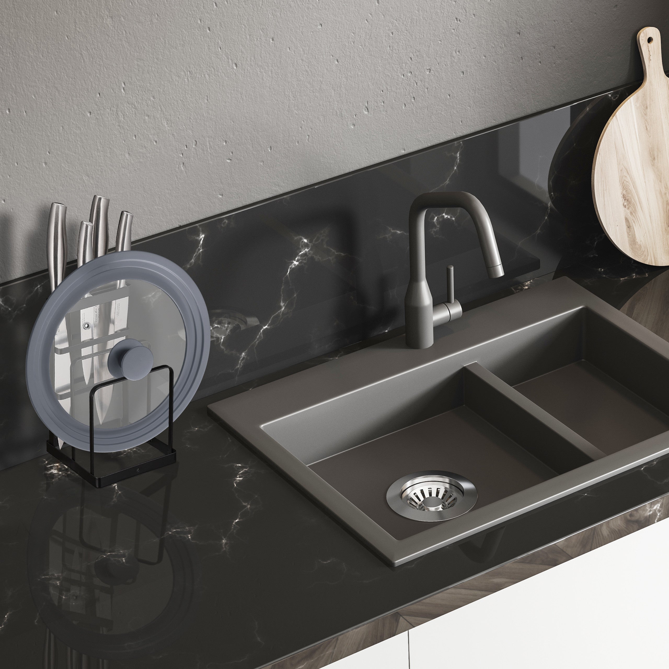 Soportes de Tablas y Cuchillos 2 en 1, Metal, Portatablas de Cocina, Organizador de Sobremesa, Negro, Relaxdays - 5