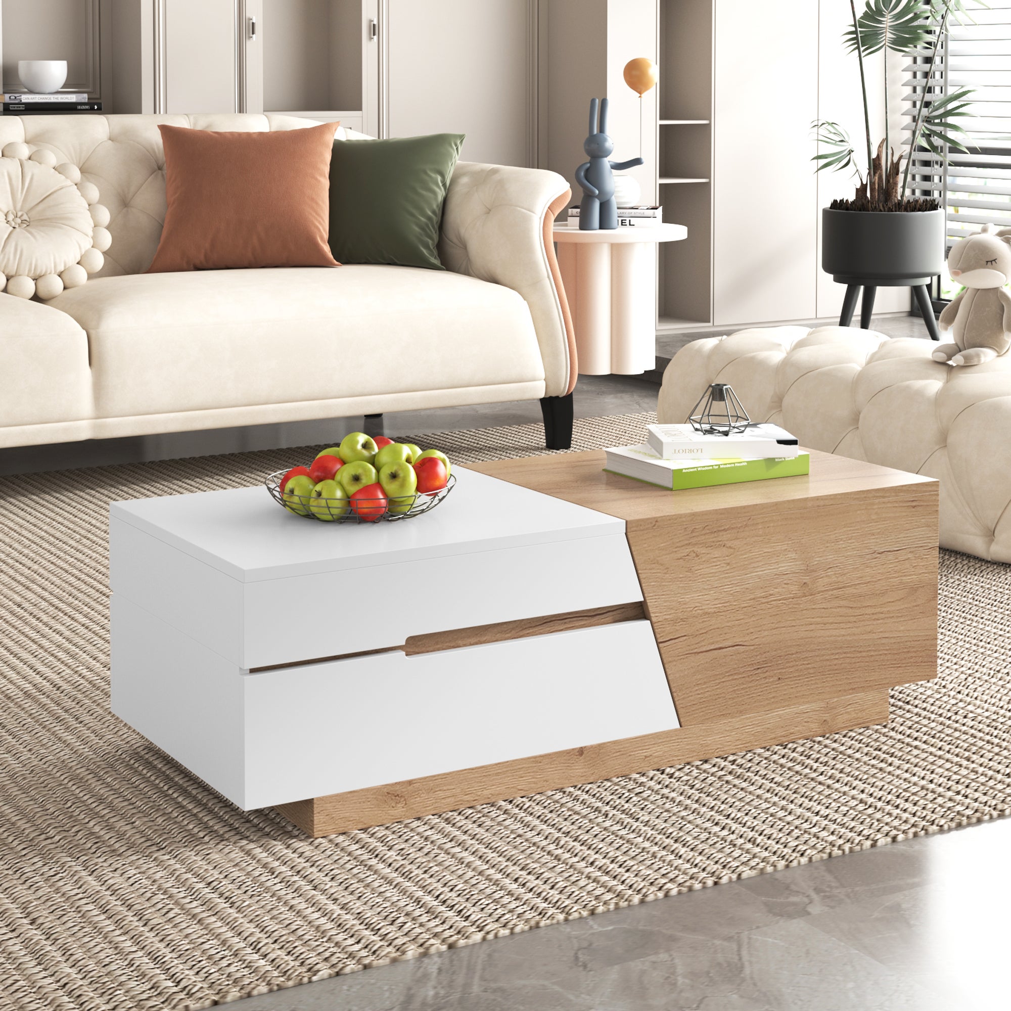 Table basse extensible avec 2 tiroirs - 120 x 50 x 37.5 cm - Panneaux de particules - Blanc + naturel - 4