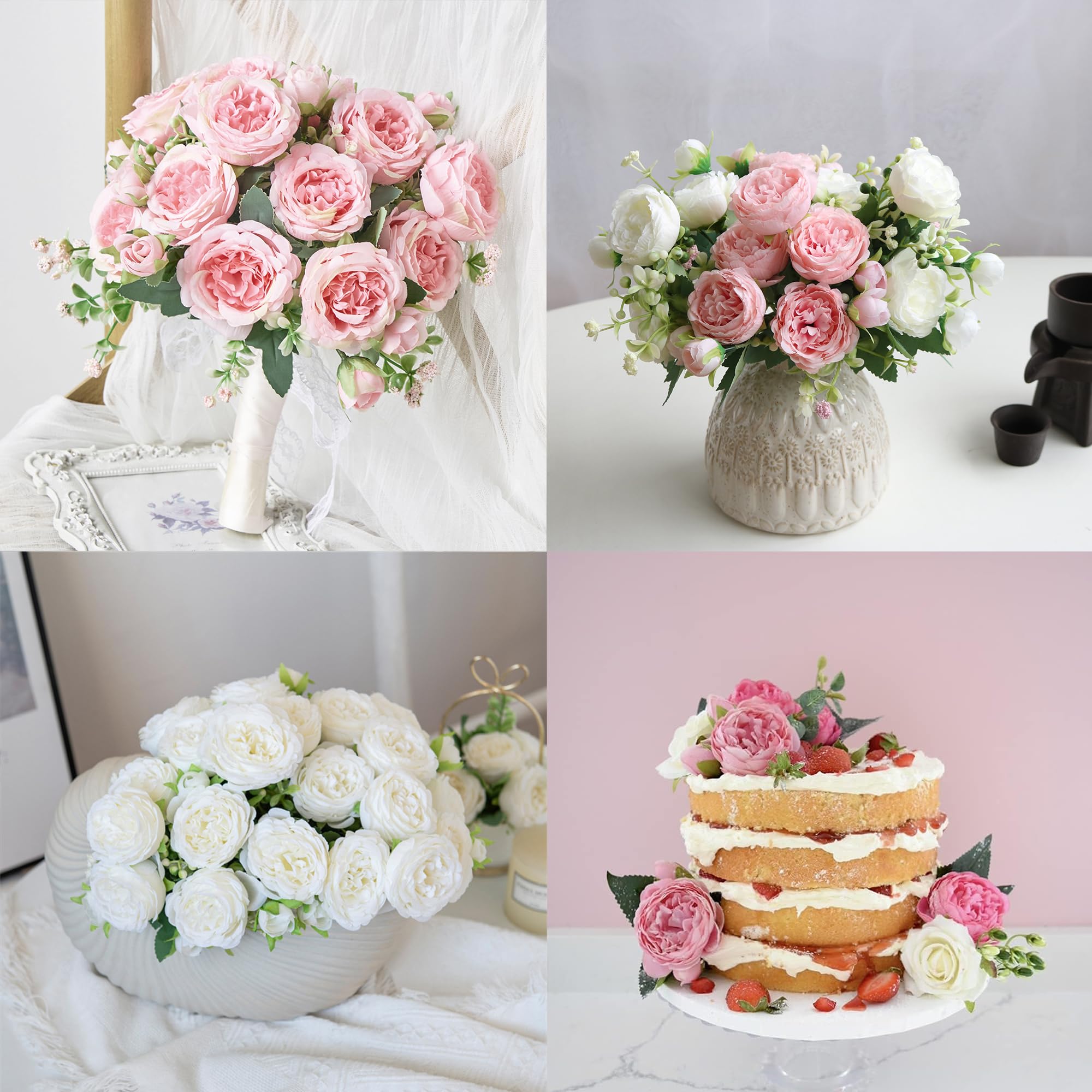2 Bouquets Fleurs artificielles en Soie Pivoine Artificielle Fausse Fleur pour Mariage Parti Accueil Cuisine Décor, Blanc - 7