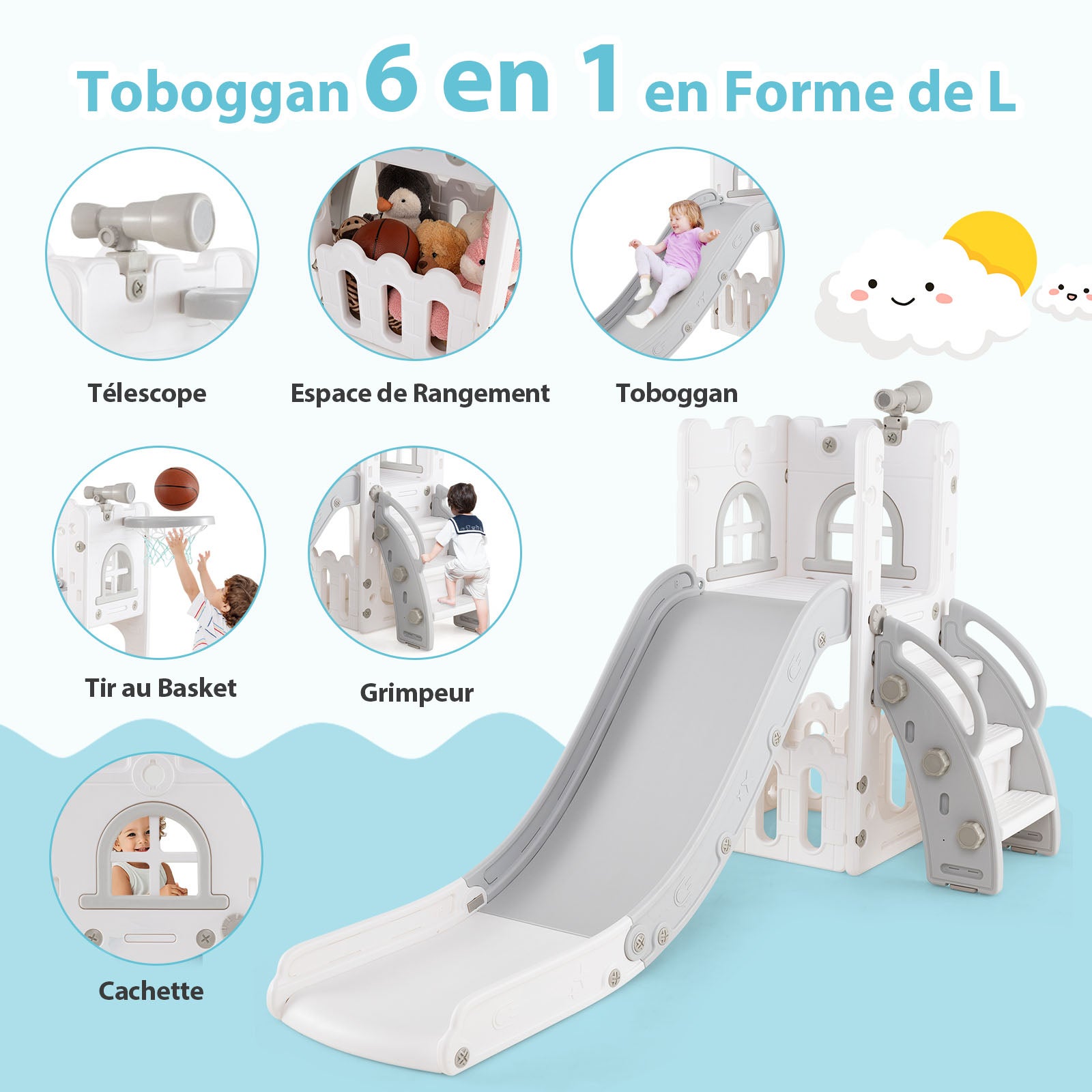 6 en 1 Toboggan Enfant en HDPE avec Panier de Basket & Télescope, Aire de Jeux Intérieure avec Échelle & Espace de Rangement, Blanc+Gris, pour 1 Ans+ - 4