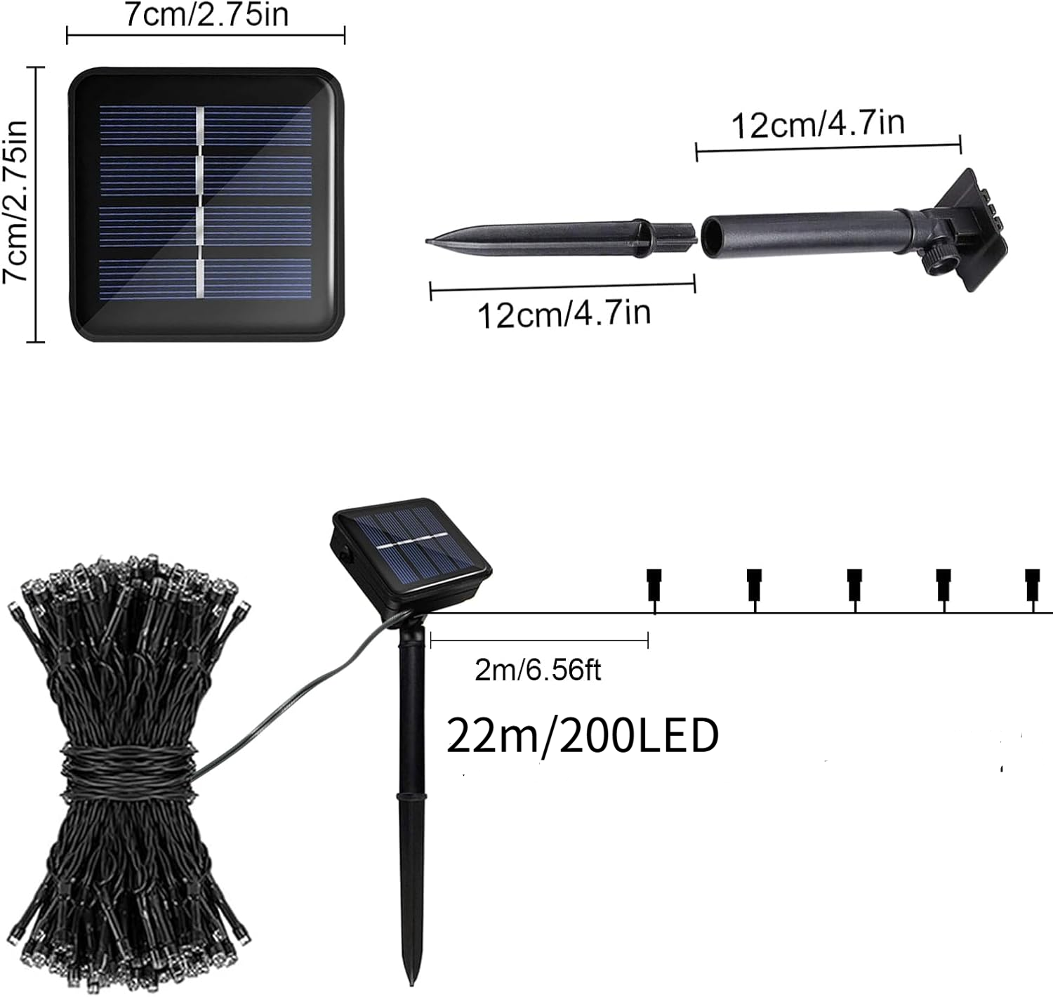 Cordão de Luzes Solares para Jardim, à Prova D'água, 22 m, 8 Modos, 200 LEDs, para Casamento, Natal, Decoração de Natal, Amarelo - 6