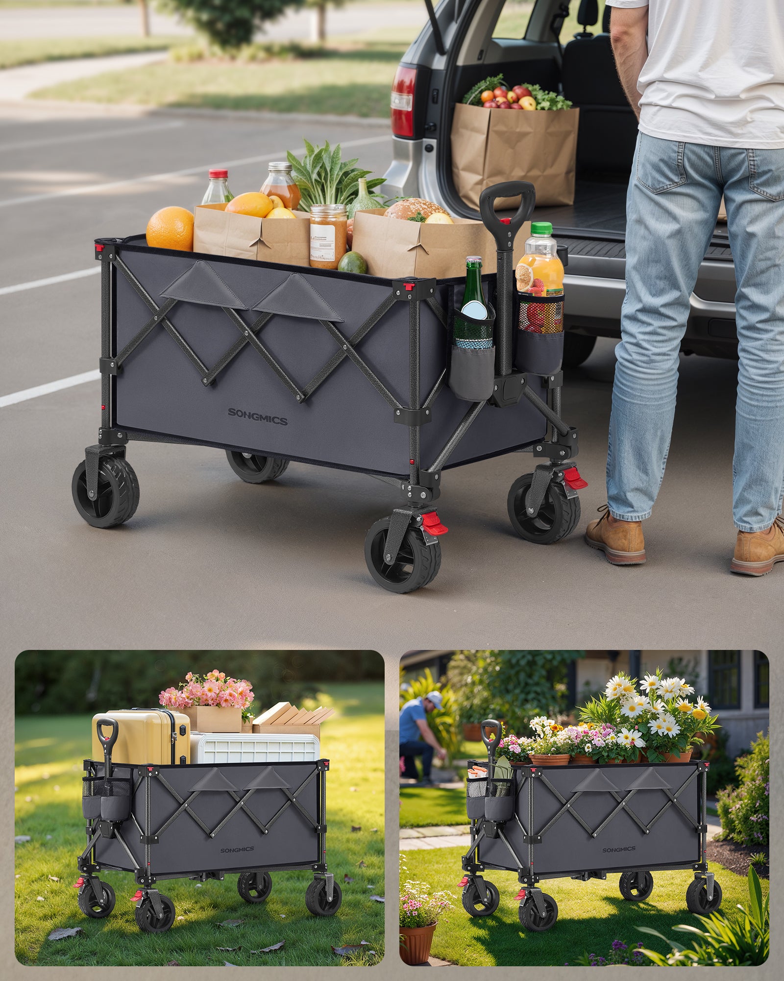 Chariot Pliable, Capacité de 150 L, Supporte Jusqu’à 150 kg, avec Poignée, 4 Roues Amovibles, pour Extérieur, Plage, Camping, Gris Ardoise - 6